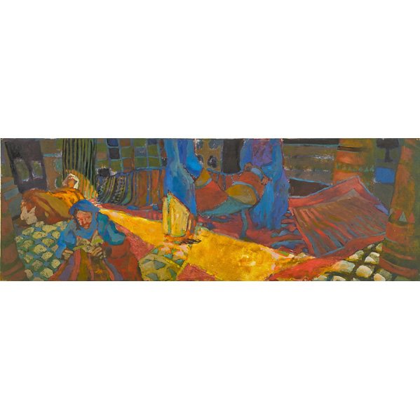 Valerie Hird (American, b. 1955): Sunlight Merchants II, 2002; Monoprint and oil on paper (framed); Signed, dated and titled; 19 7/8" x 40" (sheet); Provenance: Nohra Haime Gallery, New York (label on verso); Private Collection, New Y