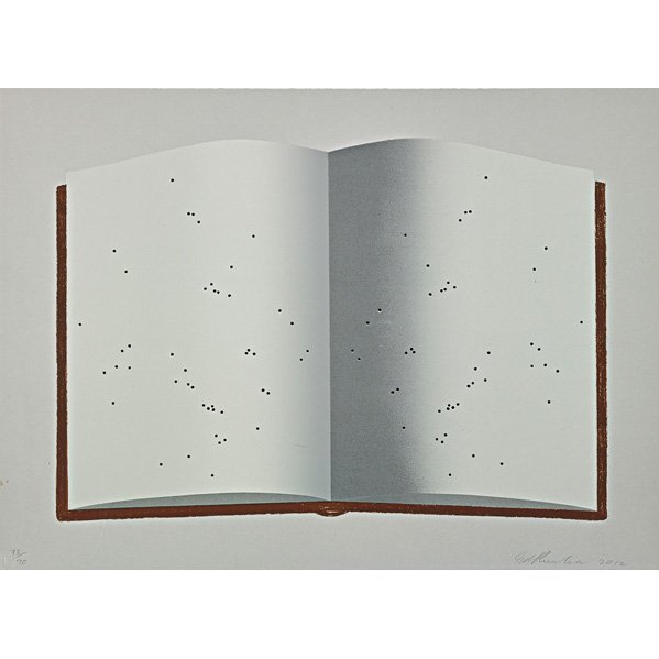 Ed Ruscha (American, b. 1937): Open Book with Worm Holes, 2012; Hand printed lithograph in 7 colors; Signed, dated and numbered 78/90; 17" x 23 1/4" (sheet); Publisher: Kunsthaus Bregenz, Austria; Provenance: Private Collection