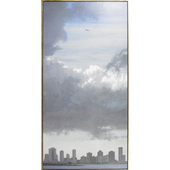Guillermo Muñoz Vera (Chilean, b. 1956): Miami Desde Fisher Island, 2003; Oil and alkyd on canvas mounted to board (framed); Initialed and dated; 79" x 39 3/4"; Provenance: Gary Nader Fine Art, Coral Gables (label on verso); Private Collecti