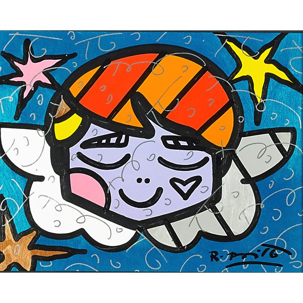 Romero Britto (Brazilian, b. 1965): Angel, 2009; Mixed media on paper (framed); Signed, dated and titled; 10 1/2" x 13 3/8" (sight); Provenance: Perron & Company, Miami Beach, FL; Private Collection, New Jersey (Accompanied by original 