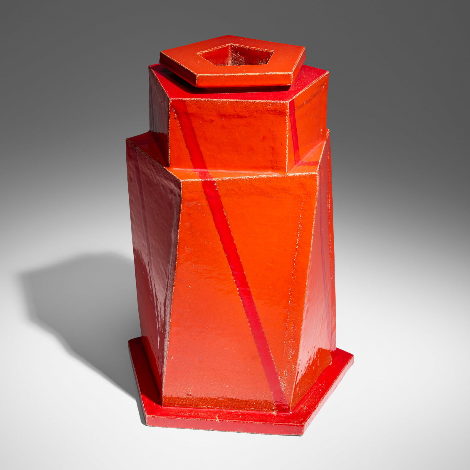 John Mason, Orange Vessel: John Mason Orange Vessel 1984glazed stoneware 15.5 h x 10 dia in (39 x 25 cm) Incised signature and date to underside 'Mason ? 1/84'. Inscribed to the underside '6-22-85 421-1.6-437-4 / 421-1.