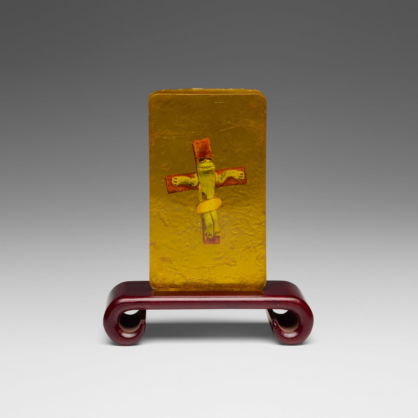 David Gilhooly, Tribute to Andres Serrano: Crucifrog in Urine: David Gilhooly Tribute to Andres Serrano: Crucifrog in Urine 1991glazed earthenware in acrylic 4.875 h x 2.875 w x 1 d in (12 x 7 x 3 cm) Incised signature and date to reverse of cross 'Gilhoo