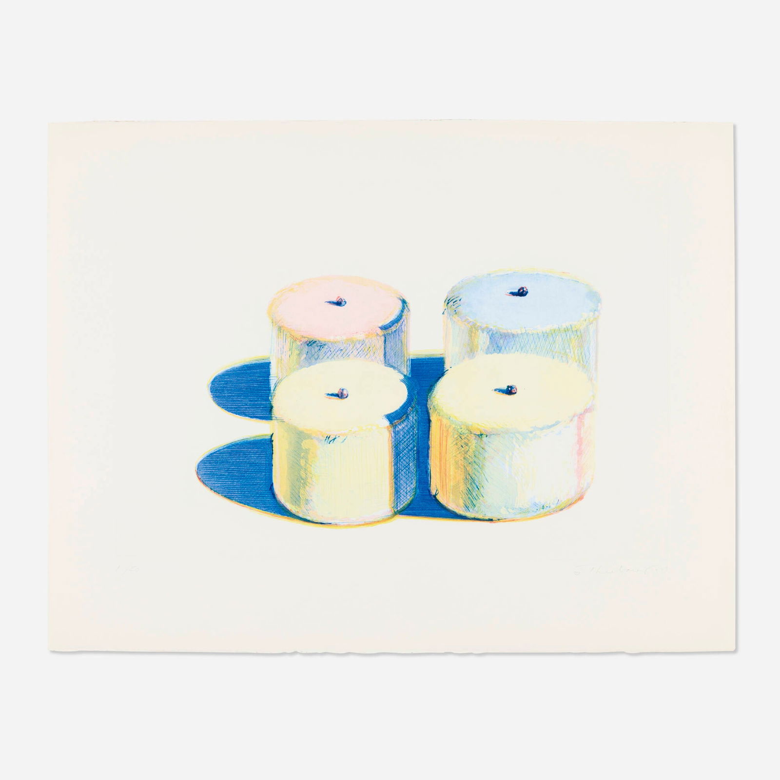 Wayne Thiebaud, Four Cakes (from the Recent Etchings I portfolio): Wayne Thiebaud Four Cakes (from the Recent Etchings I portfolio) 1979 drypoint and aquatint in colors on Somerset image: 16.5 h x 23.75 w in (42 x 60 cm) sheet: 23 h x 29.625 w in (58 x 75 cm) 