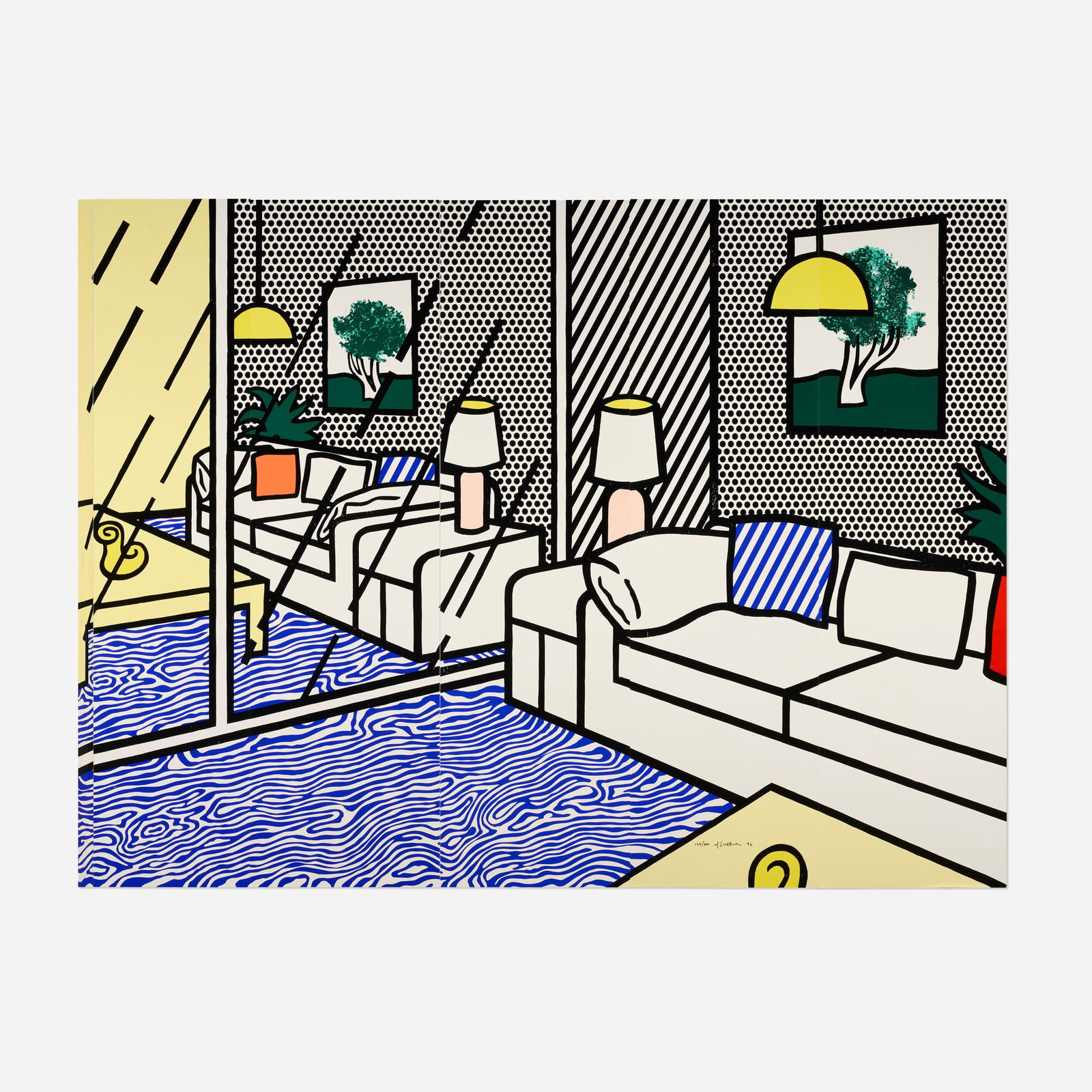 Roy Lichtenstein, Wallpaper with Blue Floor Interior: Roy Lichtenstein Wallpaper with Blue Floor Interior 1992 screenprint in colors on six panels 101.5 h x 157.25 w in (258 x 399 cm) Signed, dated and numbered to lower edge '124/300 rf Lichtenstein