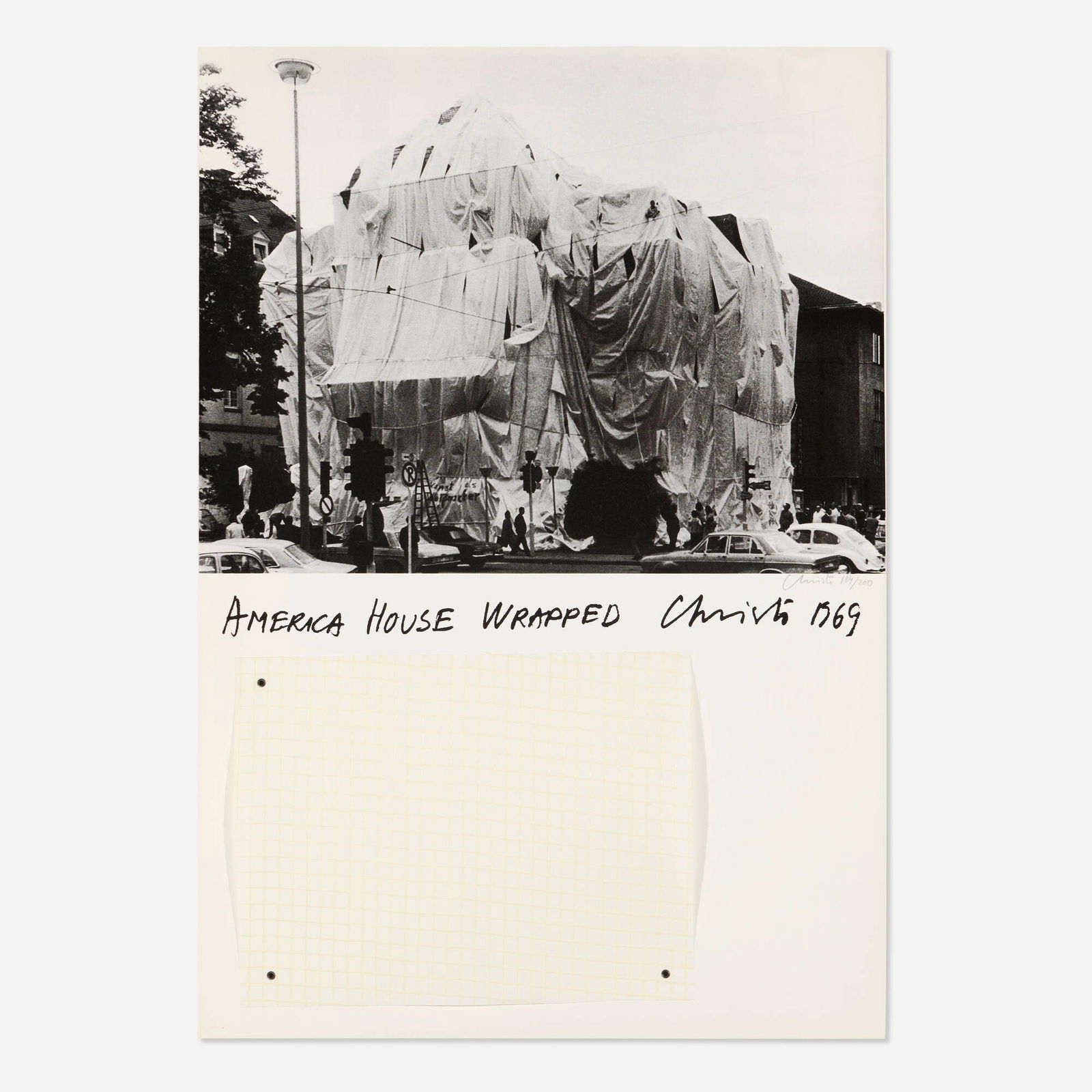 Christo and Jeanne-Claude, America House Wrapped, Heidelberg: Christo and Jeanne-Claude America House Wrapped, Heidelberg 1969 screenprint with polyethylene collage 35.25 h x 24.5 w in (90 x 62 cm) Signed and numberd to center left 'Christo 184/200'. This