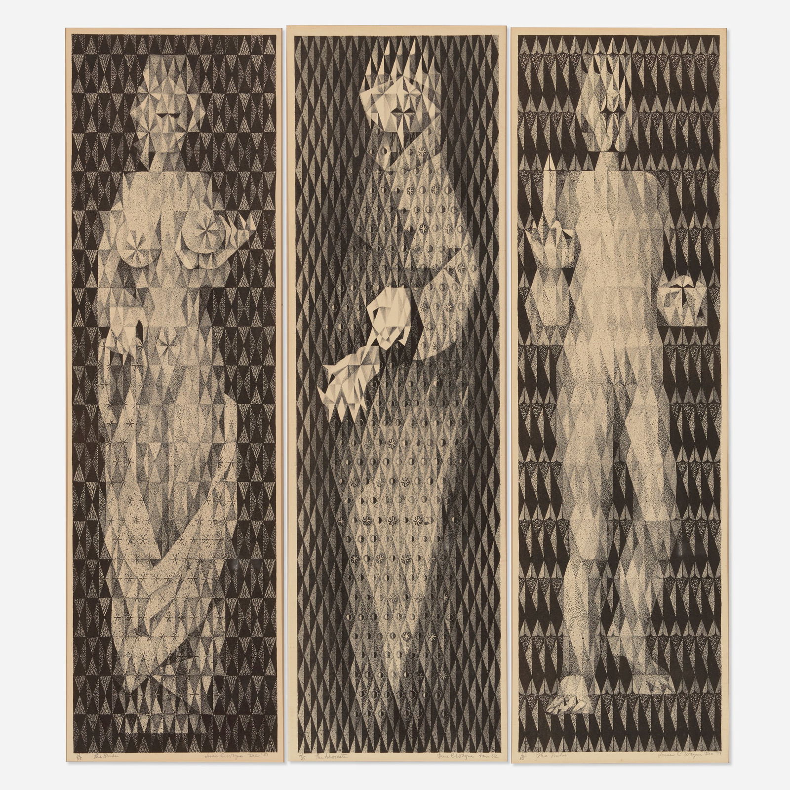 June Wayne, The Advocate; The Bride; The Suitor (triptych): June Wayne The Advocate; The Bride; The Suitor (triptych) 1951-52 lithograph image (each): 27.5 h x 7.75 w in (70 x 20 cm) sight (each): 28.5 h x 8.5 w in (72 x 22 cm) Signed, titled, dated and