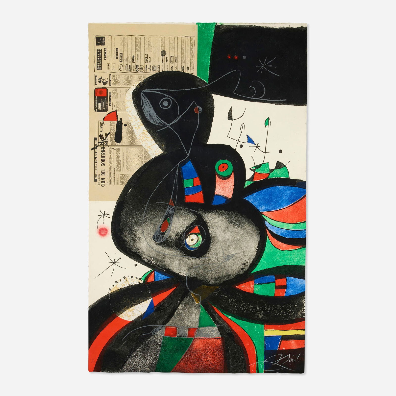 Joan Miro, Gaudi XXI: Joan Miro Gaudi XXI 1979etching and aquatint in colors with collage on Arches 45.5 h x 28 w in (116 x 71 cm) Signed and numbered to lower edge '23/50 Miro'. Inscribed to verso 'Serie Gaudi 45'