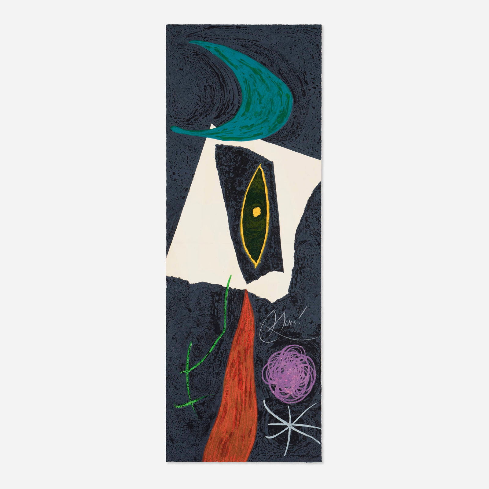 Joan Miro, Untitled (from the Les penalites de l'enfer ou les nouvelles Hebrides portfolio): Joan Miro Untitled (from the Les penalites de l'enfer ou les nouvelles Hebrides portfolio) 1974lithograph in colors 29.375 h x 10.5 w in (75 x 27 cm) Signed to lower right 'Miro'. This work is