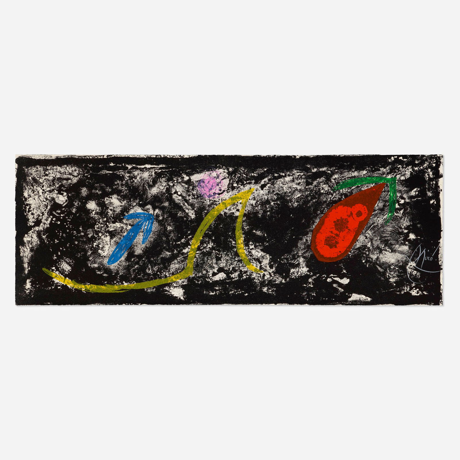 Joan Miro, Untitled (from the Les penalites de l'enfer ou les nouvelles Hebrides portfolio): Joan Miro Untitled (from the Les penalites de l'enfer ou les nouvelles Hebrides portfolio) 1974lithograph in colors 10.5 h x 29.5 w in (27 x 75 cm) Signed to lower right 'Miro'. This work is f