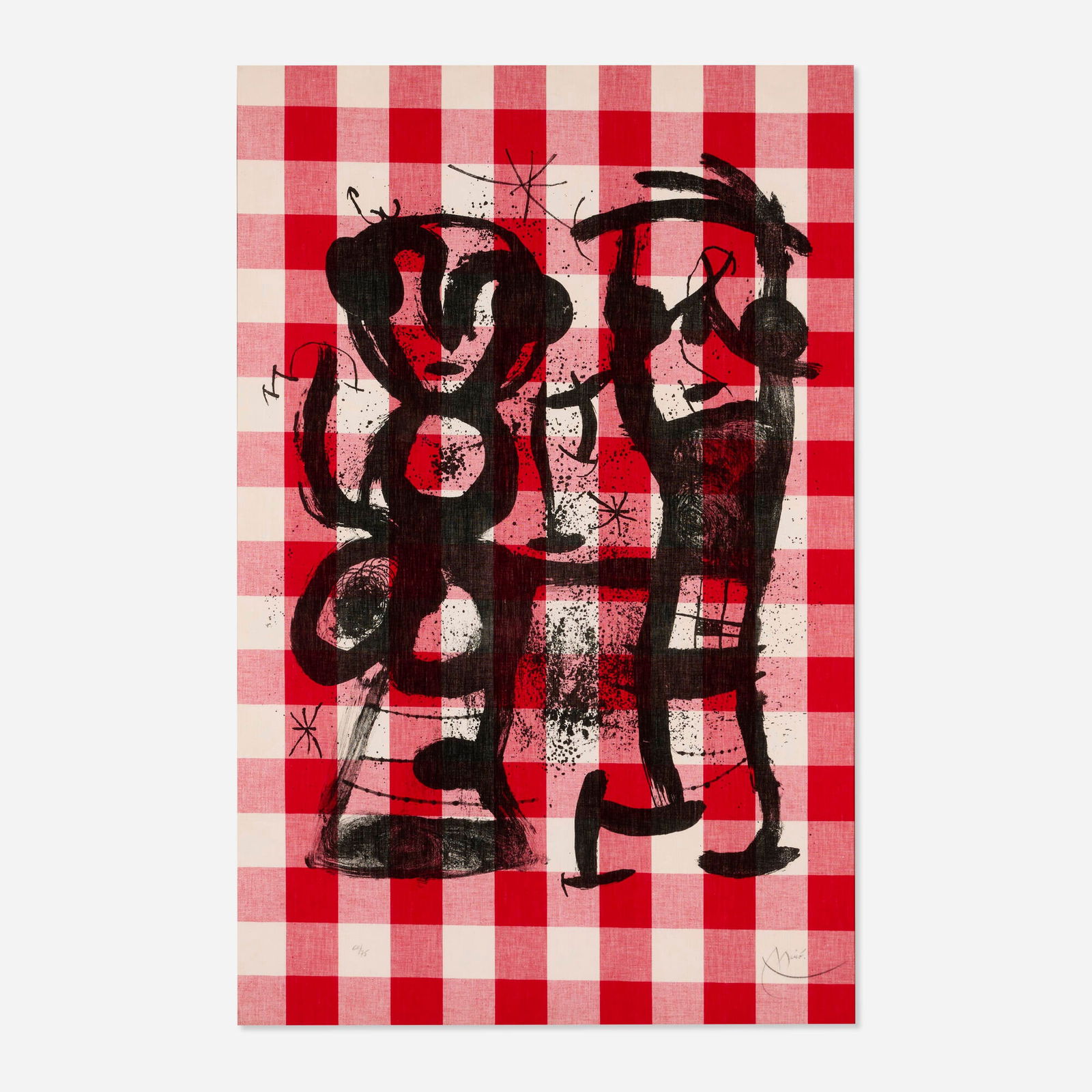 Joan Miro, Les campagnards (The Rustics): Joan Miro Les campagnards (The Rustics) 1969lithograph on red and white checked cotton laid to Chiffon de Mandeure 48.25 h x 30 w in (123 x 76 cm) Signed and numbered to lower edge '60/75 Miro
