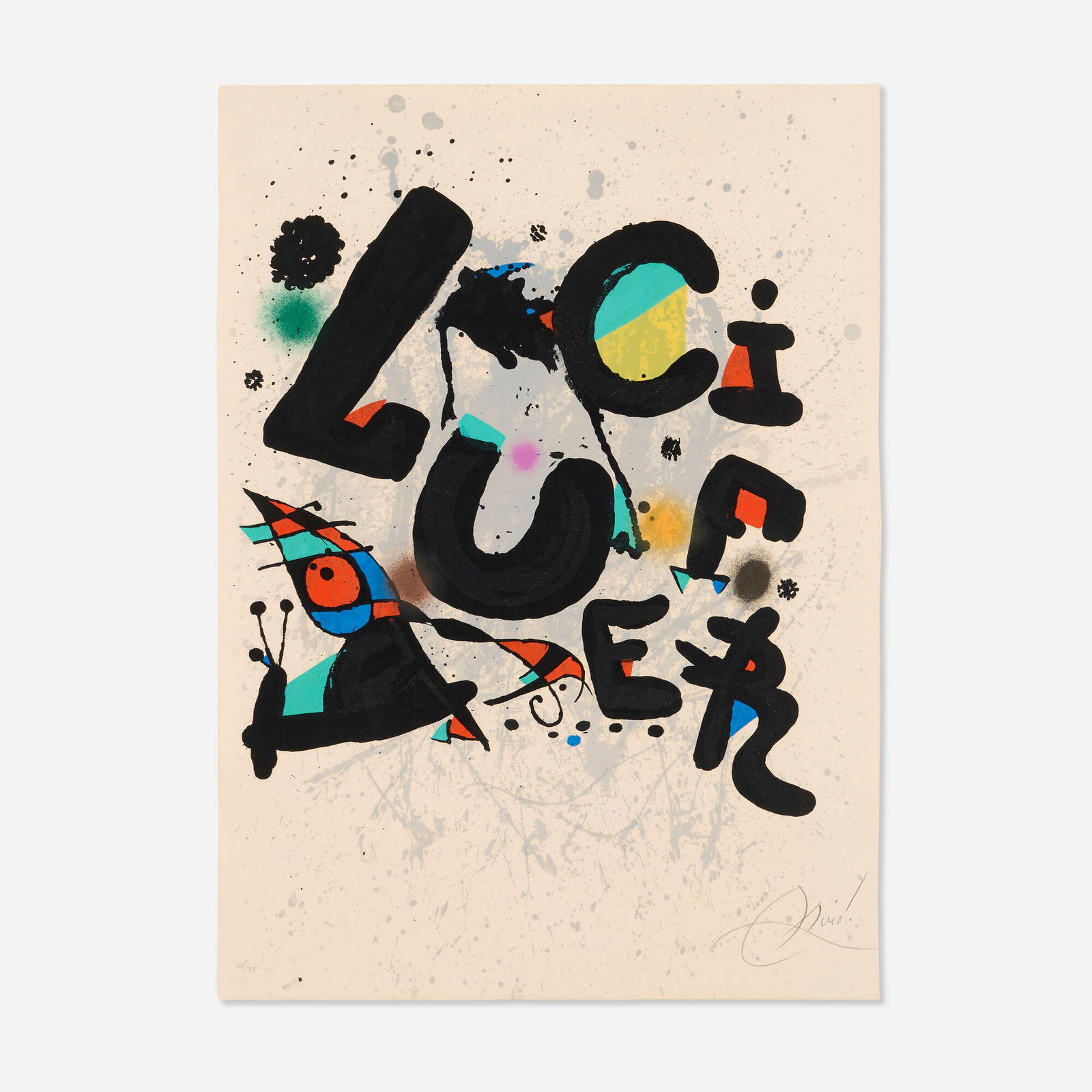Joan Miro, Lucifer: Joan Miro Lucifer 1975lithograph in colors 30.5 h x 22.125 w in (77 x 56 cm) Signed and numbered to lower edge '75/75 Miro'. This work is number 75 from the edition of 75 printed by Maeght, Pa