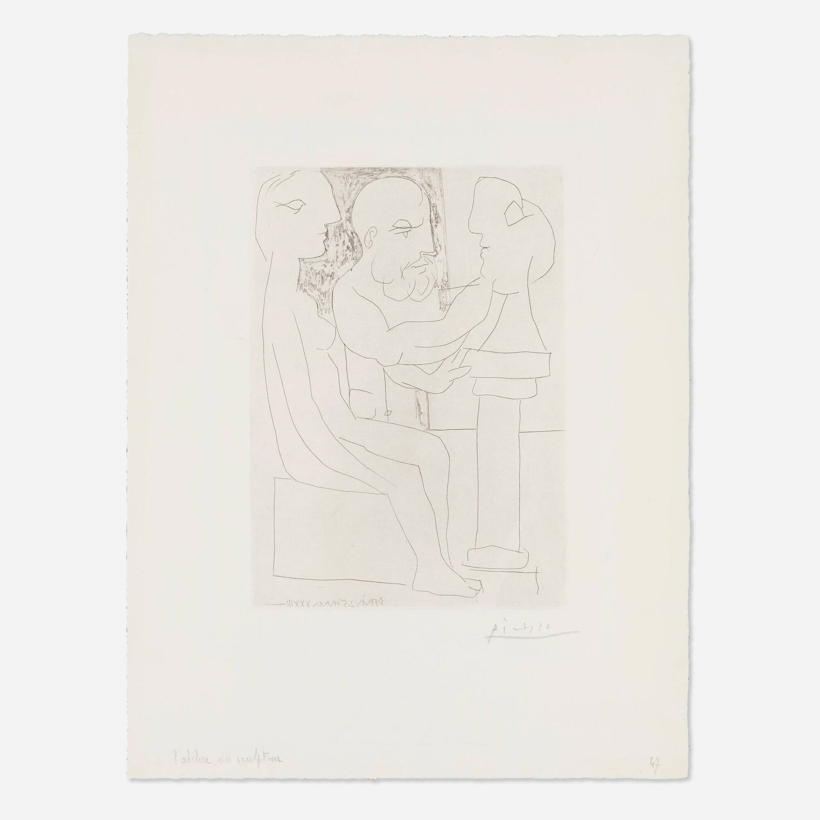 Pablo Picasso, Vieux sculpteur au travail (from the Suite Vollard): Pablo Picasso Vieux sculpteur au travail (from the Suite Vollard) 1933 etching image: 10.375 h x 7.5 w in (26 x 19 cm) sheet: 17.5 h x 13.25 w in (44 x 34 cm) Signed to lower edge 'Picasso'. This