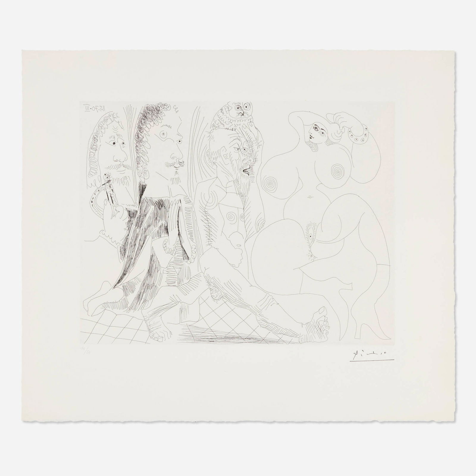 Pablo Picasso, Mousquetaire, abbe en priere, vieillard a la chouette et odalisque: Pablo Picasso Mousquetaire, abbe en priere, vieillard a la chouette et odalisque: Meduse, vierge ou simple femme? (from La serie 156 portfolio) 1970etching on BFK Rives image: 10.75 h x 13.75 w in (2