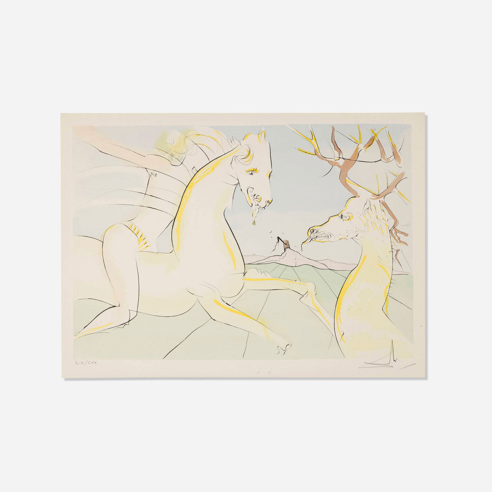 Salvador Dali, Le cavalier et le cerf (from Le bestiaire de la fontaine portfolio): Salvador Dali Le cavalier et le cerf (from Le bestiaire de la fontaine portfolio) 1974engraving with pochoir in colors on Auvergne image: 15.5 h x 22.5 w in (39 x 57 cm) sheet: 19.75 h x 27.5 w in