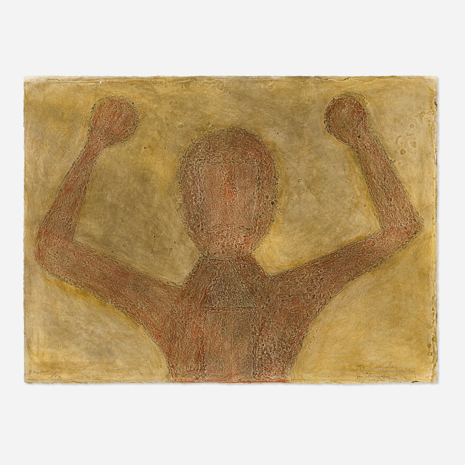 Rufino Tamayo, Hombre frente al cielo: Rufino Tamayo Hombre frente al cielo 1976Mixografia in colors on Arches 22.5 h x 30 w in (57 x 76 cm) Signed, numbered and inscribed to lower edge 'P de A I/XX To Carole y Ally R Tamayo'. This