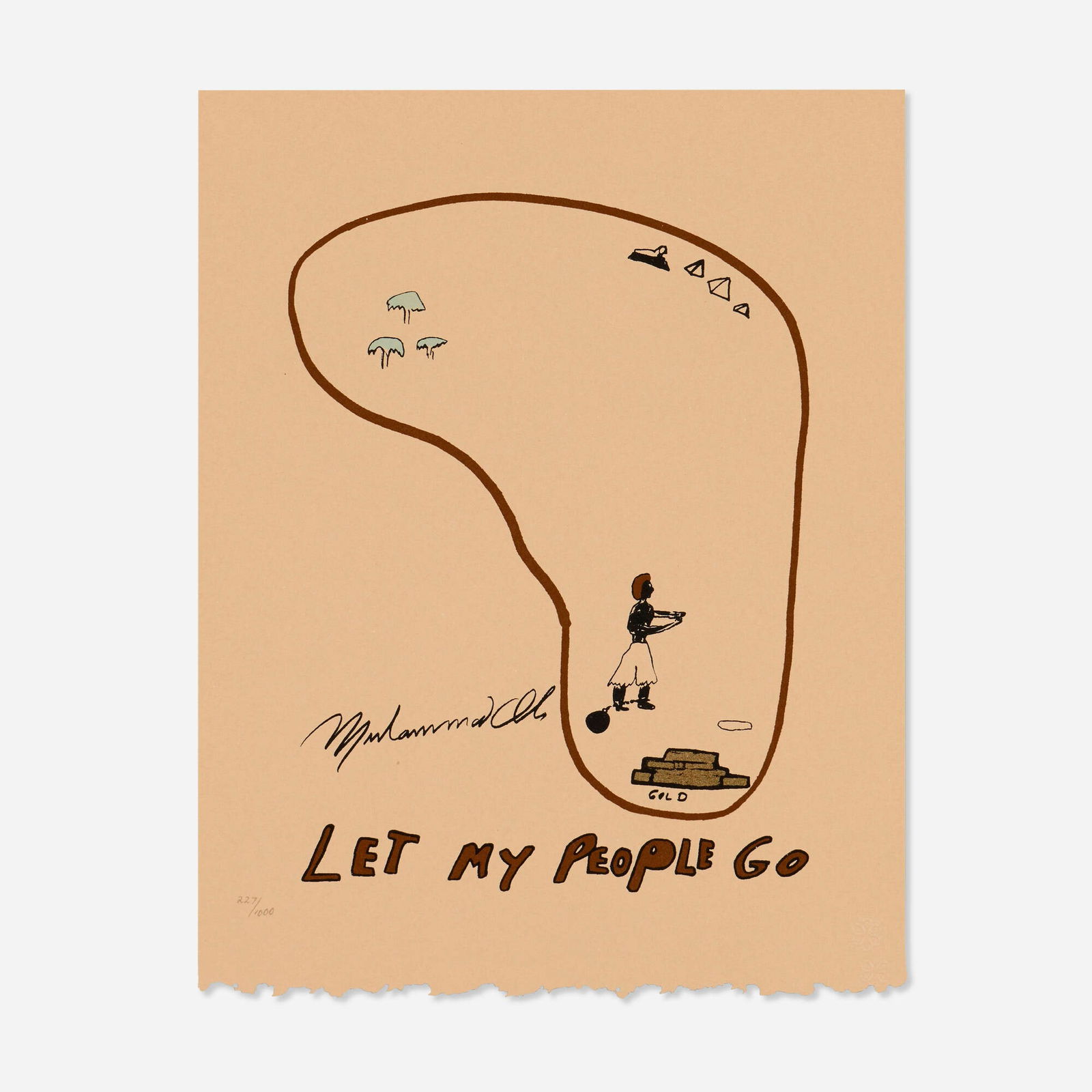 Muhammad Ali, Let My People Go: Muhammad Ali Let My People Go 1979offset lithograph in colors 10.875 h x 8.375 w in (28 x 21 cm) Numbered to lower left '227/1000' with United Nations blindstamp. This work is number 227 from