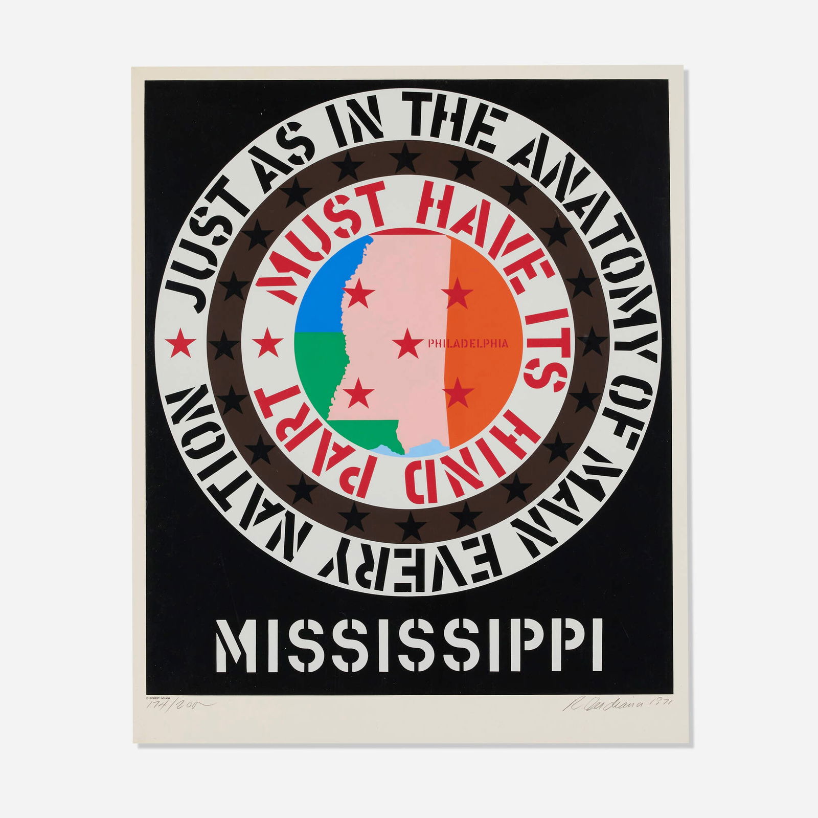 Robert Indiana, Mississippi (from the Decade portfolio): Robert Indiana Mississippi (from the Decade portfolio) 1971 screenprint in colors on Schoellers Parole image: 34.75 h x 29.75 w in (88 x 76 cm) sheet: 38.75 h x 37.75 w in (98 x 96 cm) Signed,