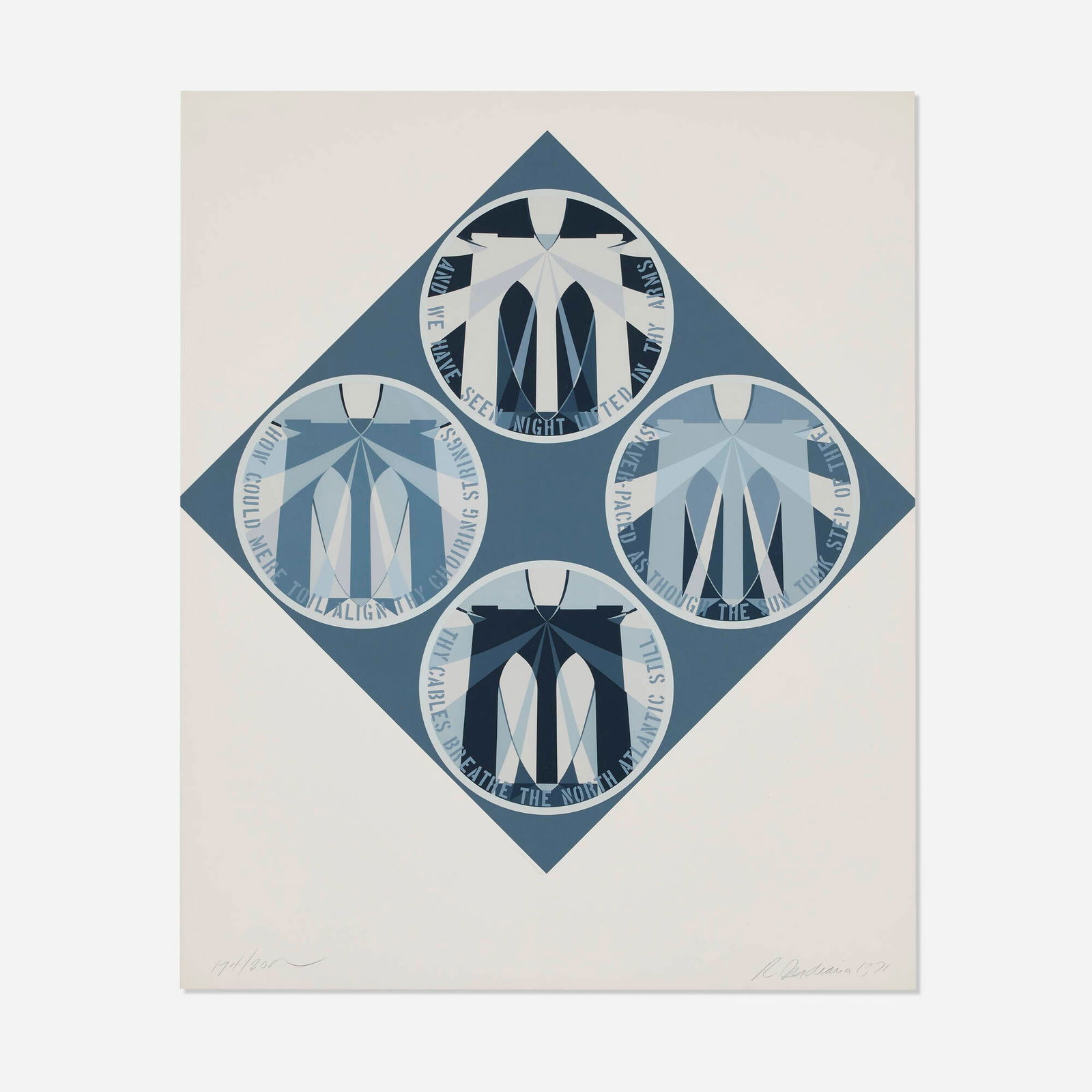 Robert Indiana, The Brooklyn Bridge (from the Decade portfolio): Robert Indiana The Brooklyn Bridge (from the Decade portfolio) 1971 screenprint in colors image: 31.75 h x 31.75 w in (81 x 81 cm) sight: 38.75 h x 31.75 w in (98 x 81 cm) Signed, dated and