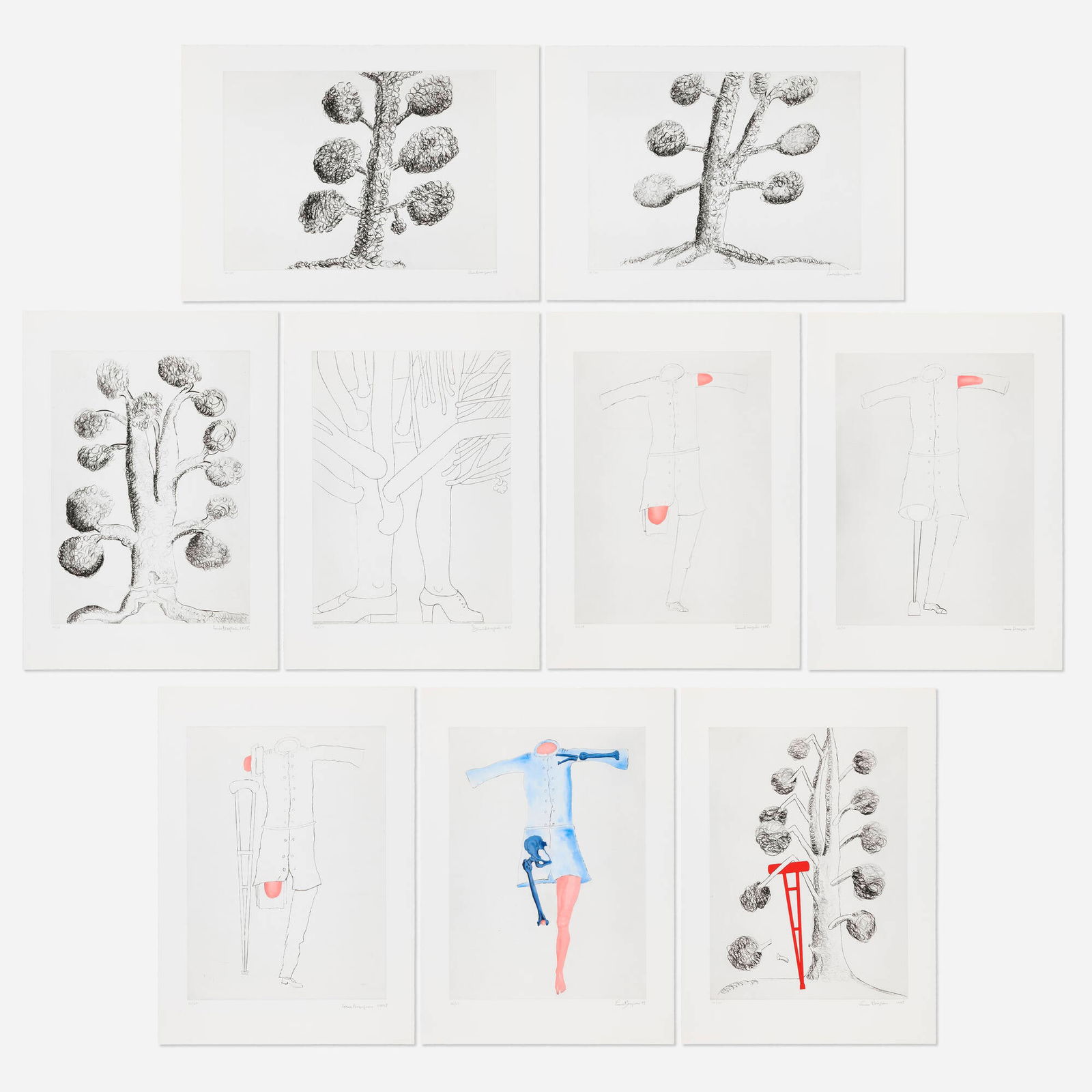 Louise Bourgeois, Topiary: The Art of Improving Nature: Louise Bourgeois Topiary: The Art of Improving Nature 1998drypoint and aquatint (some in colors) on Magnani Incisioni image: 29.75 h x 21.75 w in (76 x 55 cm) sheet (each): 39.125 h x 28 w in (99