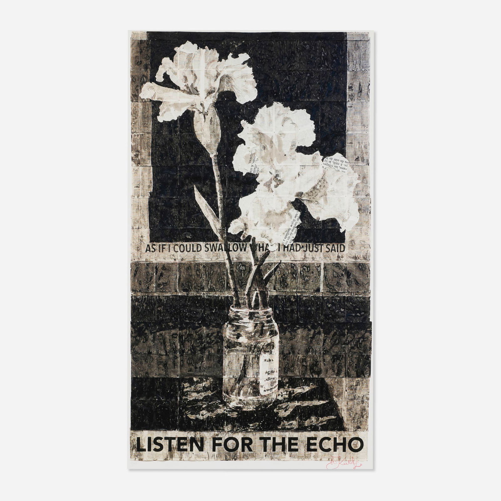 William Kentridge, Listen for the Echo: William Kentridge Listen for the Echo 2015-22 archival inkjet print with hand-coloring and India ink image: 39.5 h x 22 w in (100 x 56 cm) sheet: 42 h x 24.625 w in (107 x 63 cm) Signed and