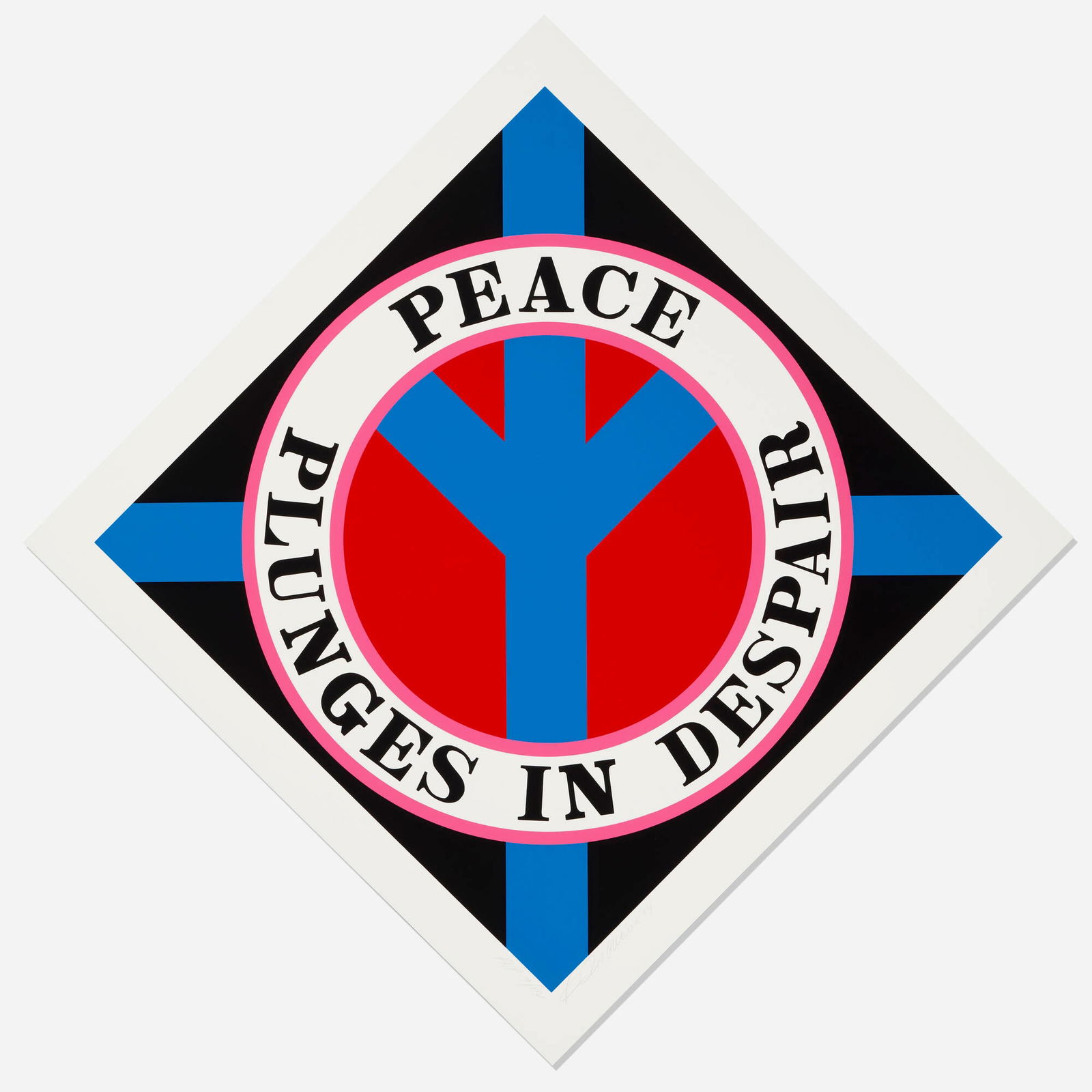 Robert Indiana, Peace Plunges in Despair: Robert Indiana Peace Plunges in Despair 2004screenprint in colors on Somerset Velvet image: 30.125 h x 30.125 w in (77 x 77 cm) sheet: 34.875 h x 34.875 w in (89 x 89 cm) Signed, dated and