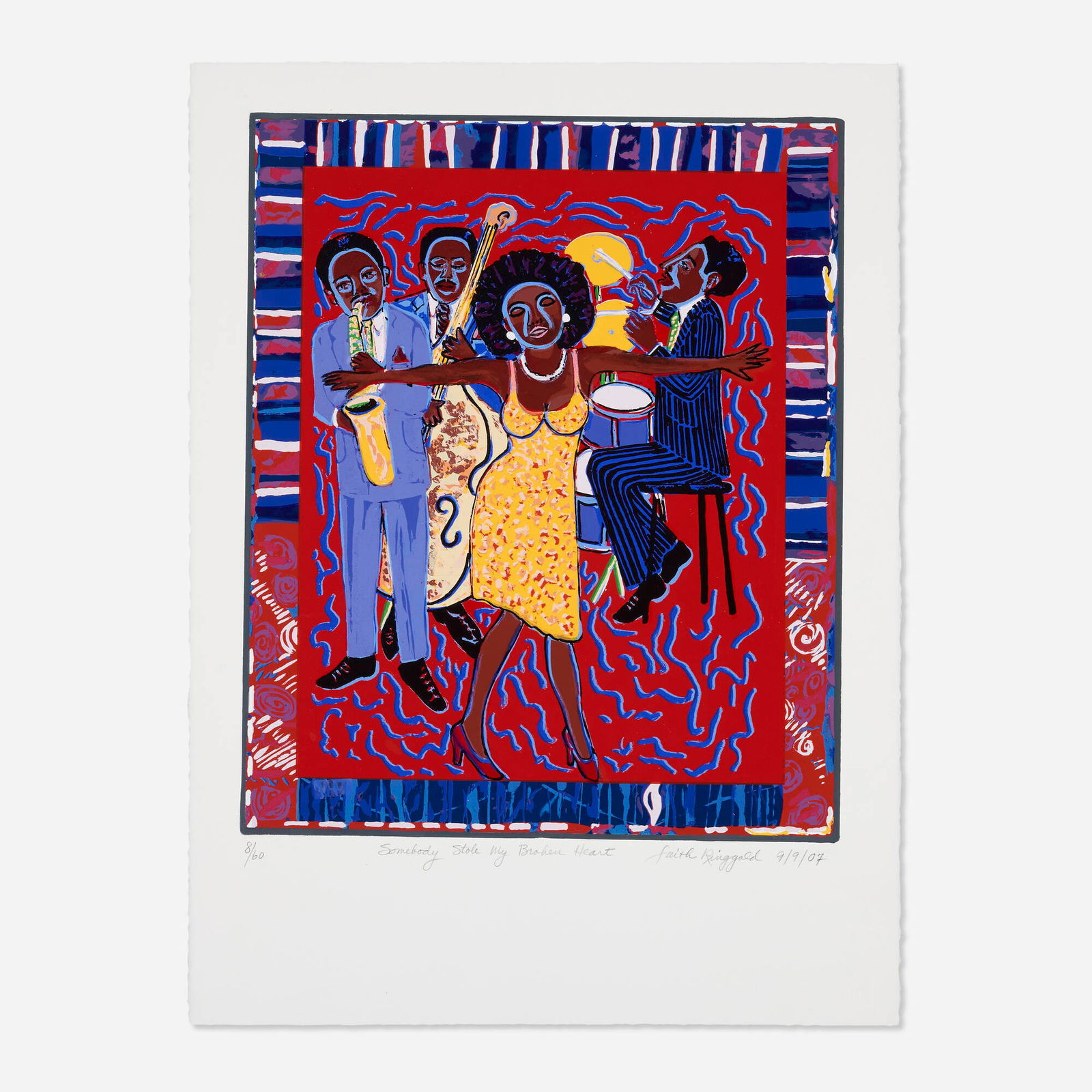 Faith Ringgold, Somebody Stole my Broken Heart: Faith Ringgold Somebody Stole my Broken Heart 2007screenprint in colors on Rives image: 22.5 h x 18.75 w in (57 x 48 cm) sheet: 30 h x 22.25 w in (76 x 57 cm) Signed, titled, dated and numb