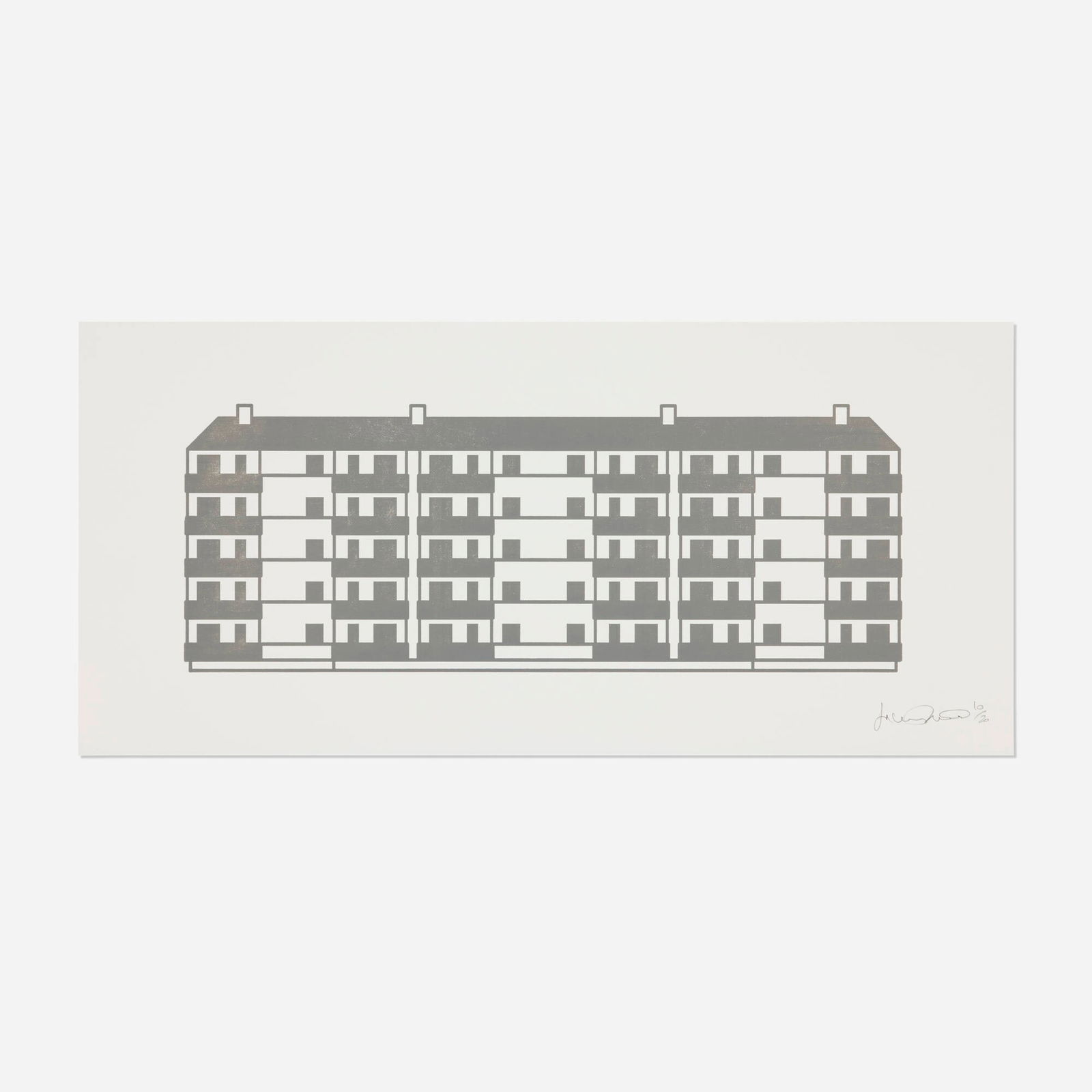 Julian Opie, Apartment 4: Julian Opie Apartment 4 2021 woodcut on Somerset Velvet 300gsm image: 7.125 h x 19.125 w in (18 x 49 cm) sheet: 11.75 h x 25.125 w in (30 x 64 cm) Signed and numbered to lower right 'Julian Opie