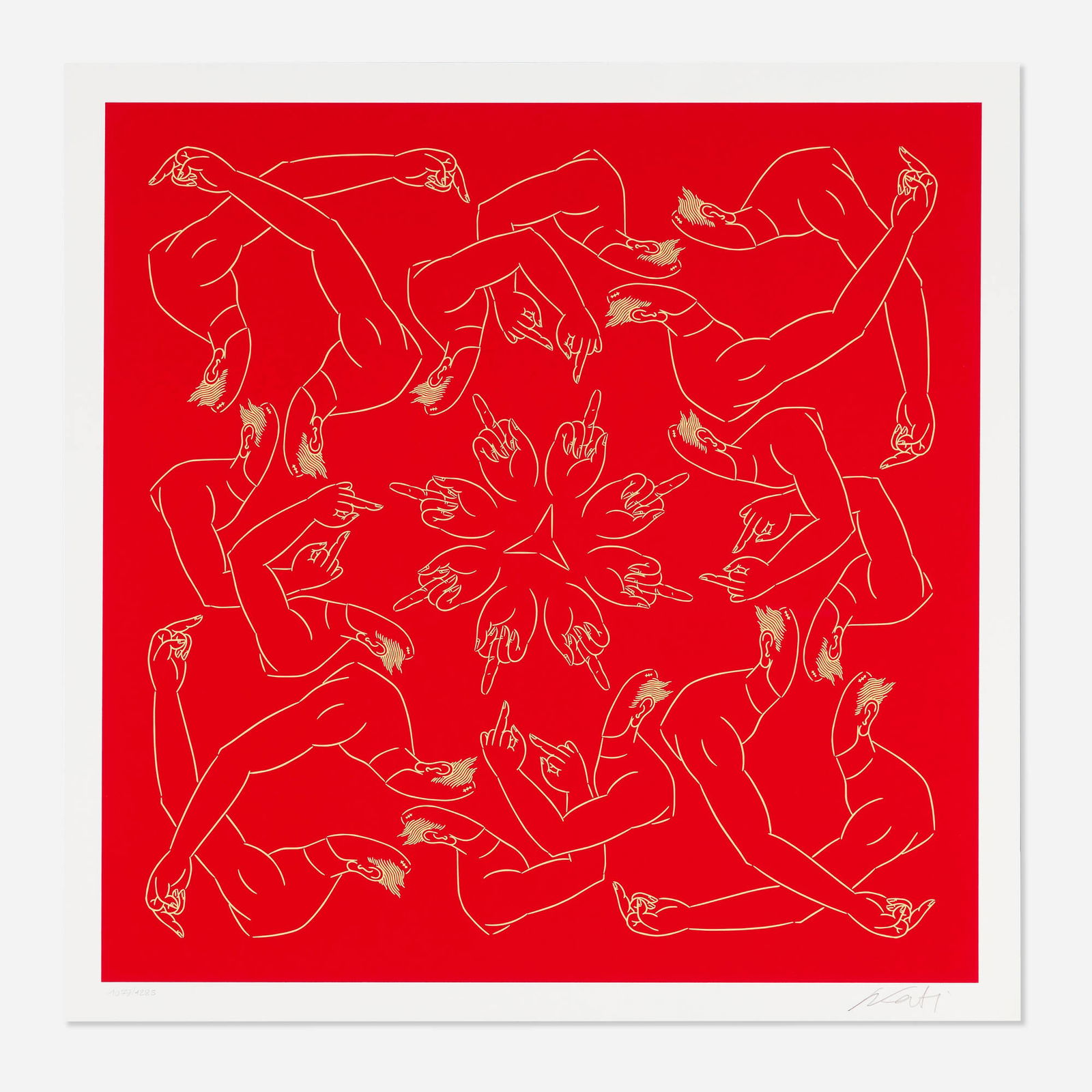 Ai Weiwei, Middle Finger in Red: Ai Weiwei Middle Finger in Red 2023screenprint in colors image: 21.625 h x 21.625 w in (55 x 55 cm) sheet: 23.5 h x 23.5 w in (60 x 60 cm) Signed and numbered to lower edge '1079/1285 Weiwe