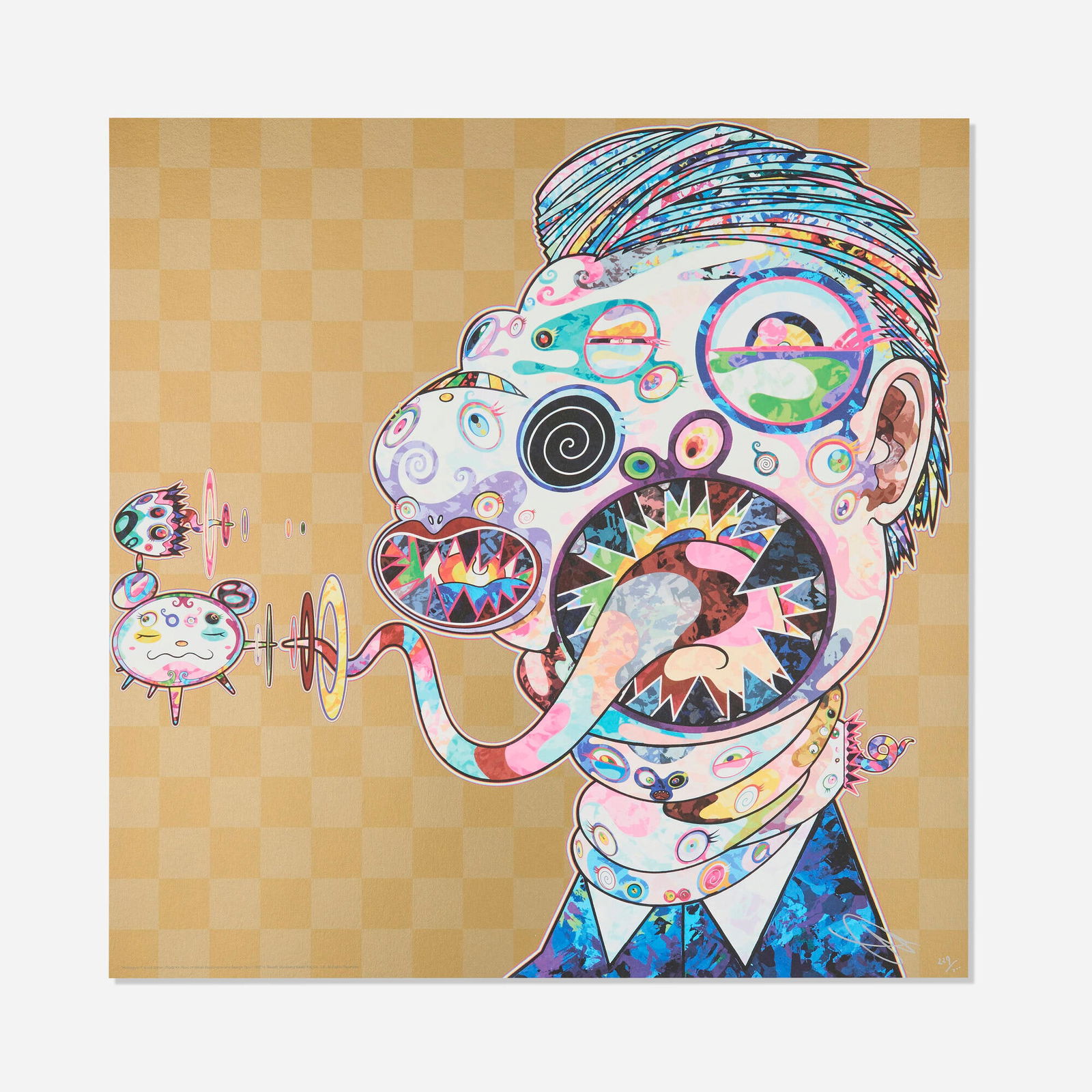 Takashi Murakami, Homage to Francis Bacon (Study for Head of George Dyer): Takashi Murakami Homage to Francis Bacon (Study for Head of George Dyer) 2016offset lithograph in colors 19.625 h x 19.625 w in (50 x 50 cm) Signed and numbered to lower right 'Takashi Murakam