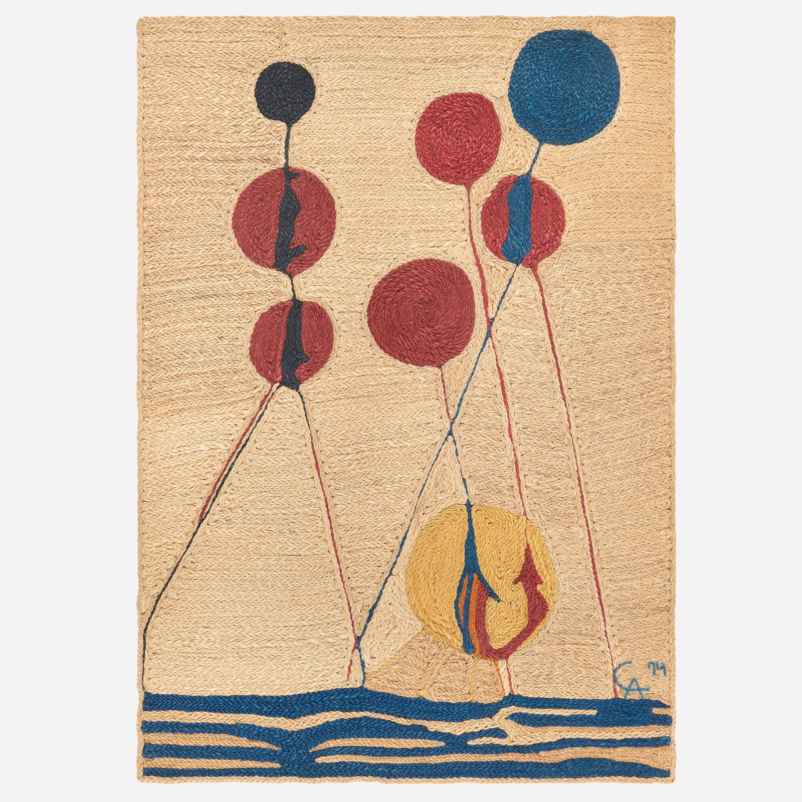 After Alexander Calder, Balloons tapestry: After Alexander Calder Balloons tapestry 1974 hand-woven maguey fiber 70 h x 48.5 w in (178 x 123 cm) Woven signature and date to lower right 'CA 74'. Fabric manufacturer's label to verso. This