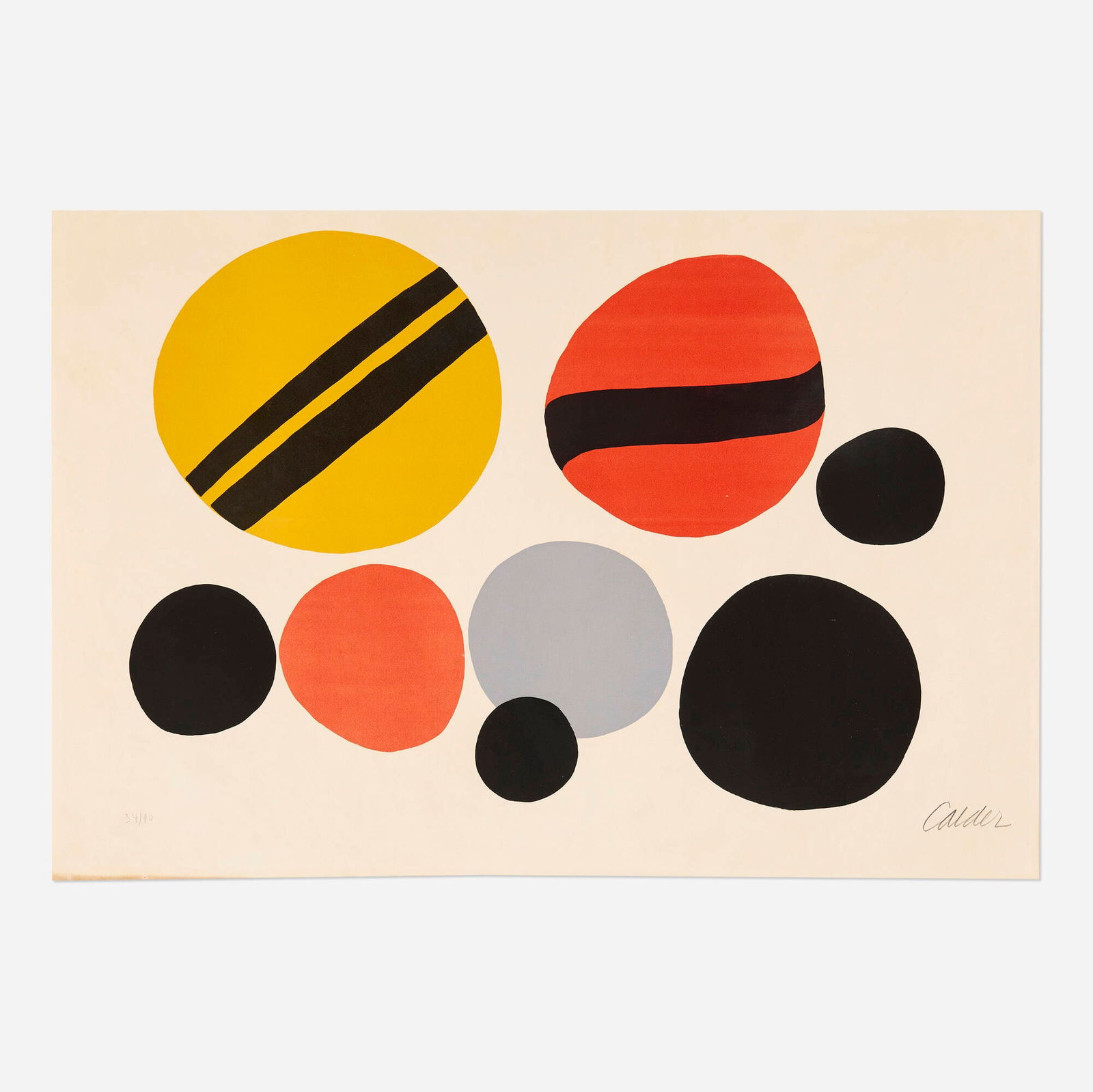 Alexander Calder, Chevrons noir sur rouge et jaune: Alexander Calder Chevrons noir sur rouge et jaune 1960 lithograph in colors on BFK Rives 24.25 h x 35 w in (62 x 89 cm) Signed and numbered to lower edge '34/90 Calder'. This work is number 34