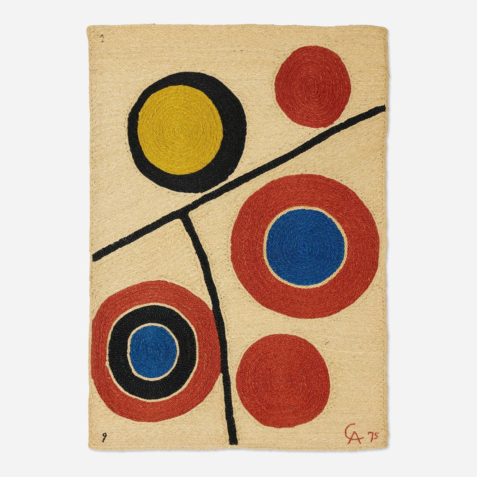 After Alexander Calder, Floating Circles tapestry: After Alexander Calder Floating Circles tapestry 1975 hand-woven maguey fiber 70.5 h x 50.5 w in (179 x 128 cm) Woven signature, date and number to lower edge '9 CA 75'. Fabric manufacturer's