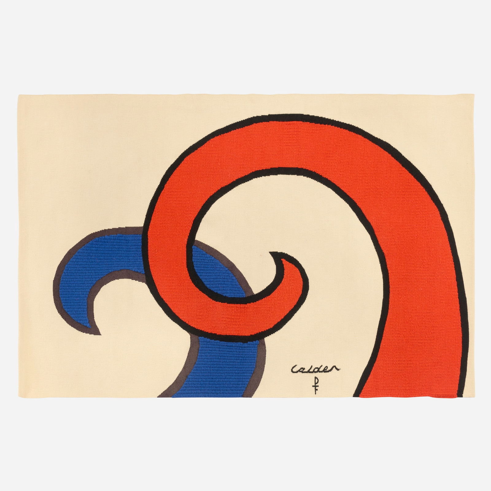 Alexander Calder, Wave tapestry: Alexander Calder Wave tapestry 1975 hand-woven wool and silk 38.75 h x 58.75 w in (98 x 149 cm) Woven signature and manufacturer's mark to lower edge 'Calder PF'. Signed and numbered to fabric