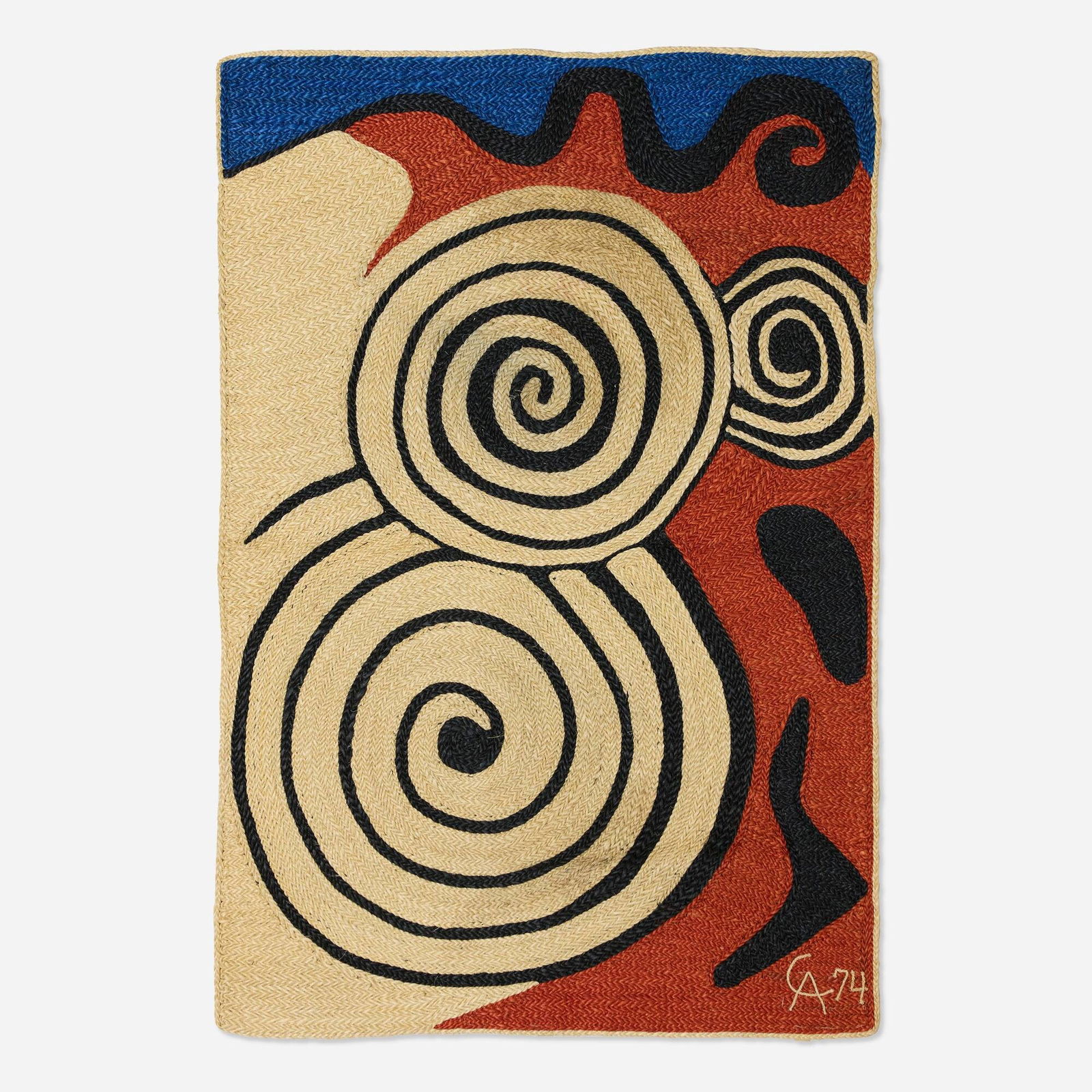 After Alexander Calder, Tapestry No. 9: After Alexander Calder Tapestry No. 9 1974 hand-woven maguey fiber 68 h x 46 w in (173 x 117 cm) Woven signature and date to lower right 'CA 74'. Fabric manufacturer's label to verso. This work is