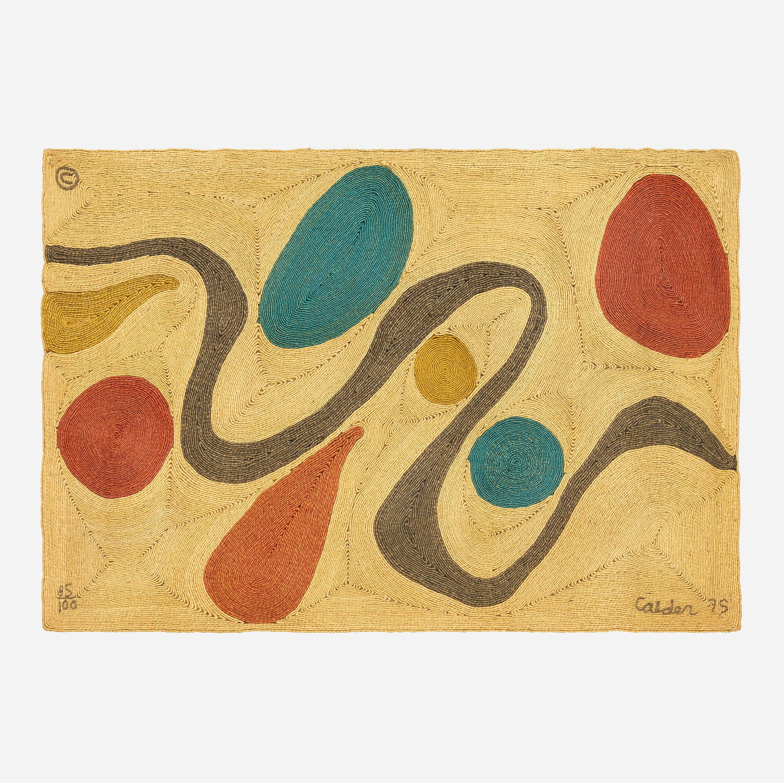 After Alexander Calder, Turquoise tapestry: After Alexander Calder Turquoise tapestry 1975 hand-woven maguey fiber 57.25 h x 82.25 w in (145 x 209 cm) Woven signature, date and number to lower edge '85/100 Calder 75'. This work is number 85