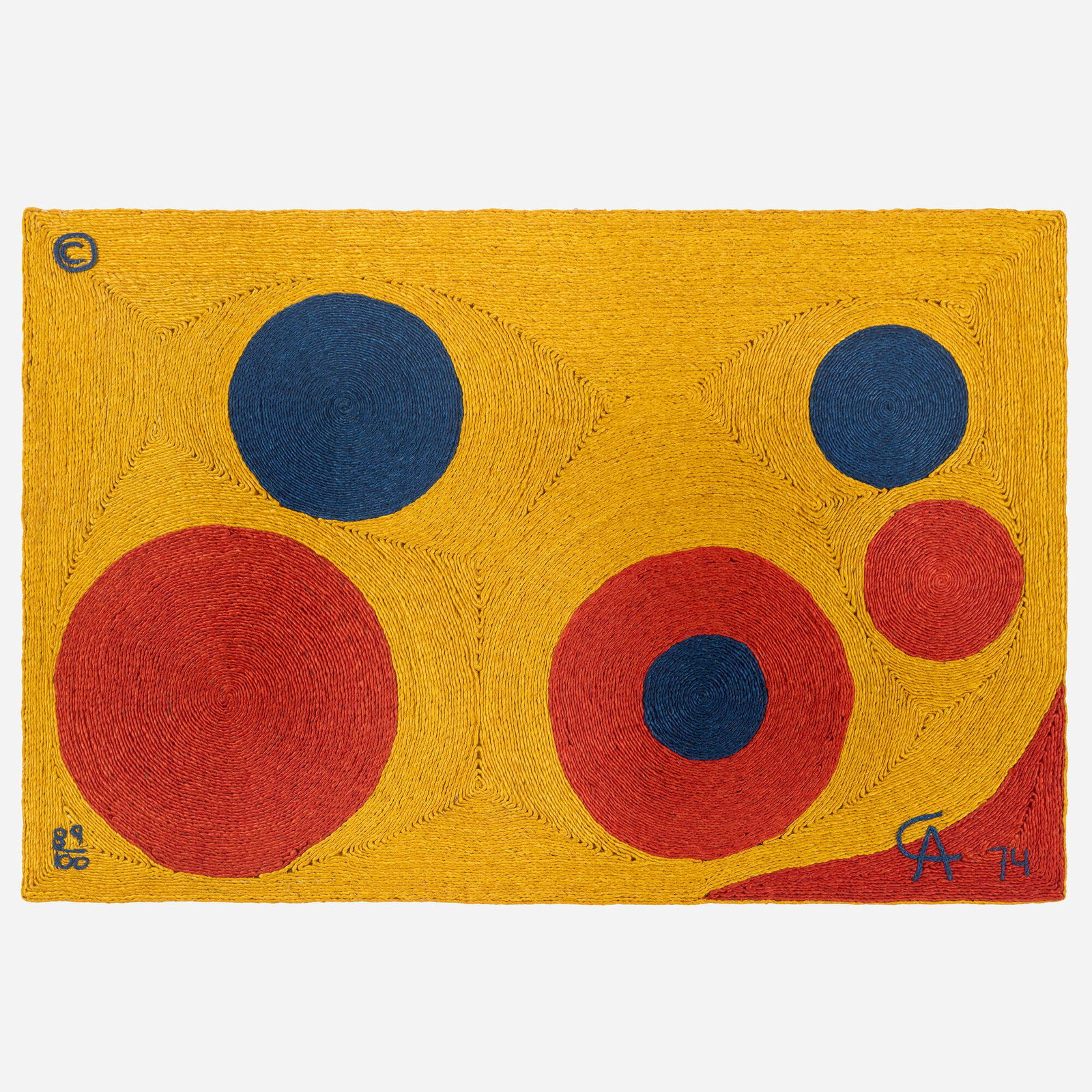 After Alexander Calder, Sun tapestry: After Alexander Calder Sun tapestry 1974 hand-woven maguey fiber 48 h x 72.5 w in (122 x 184 cm) Woven signature, date and number to lower edge '89/100 CA 74'. Fabric manufacturer's label to