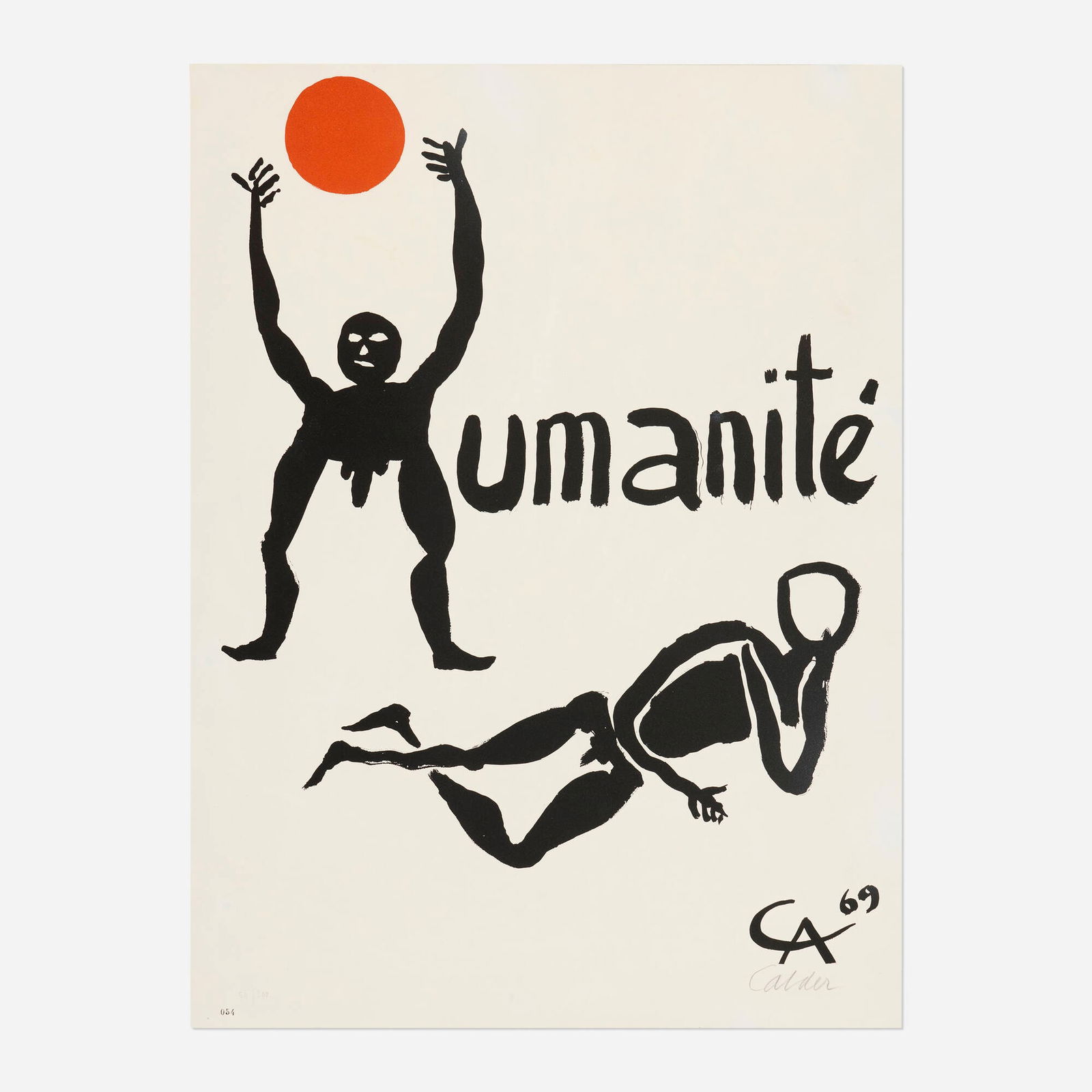 Alexander Calder, Humanite: Alexander Calder Humanite 1969 lithograph in colors 29.5 h x 21.875 w in (75 x 56 cm) Signed and numbered to lower edge '54/200 Calder'. This work is number 54 from the edition of 200. This work