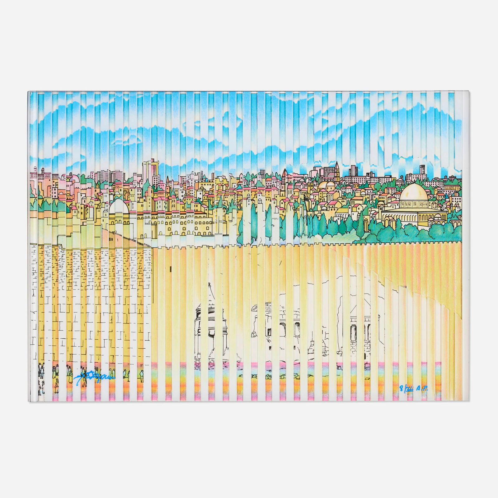 Yaacov Agam, Jerusalem 3000: Yaacov Agam Jerusalem 3000 multigraph in colors in artist-made frame sight: 18 h x 25.5 w in (46 x 65 cm) Signed and numbered to lower edge 'Yaacov Agam 8/36 A.P.'. This work is artist's proof 8