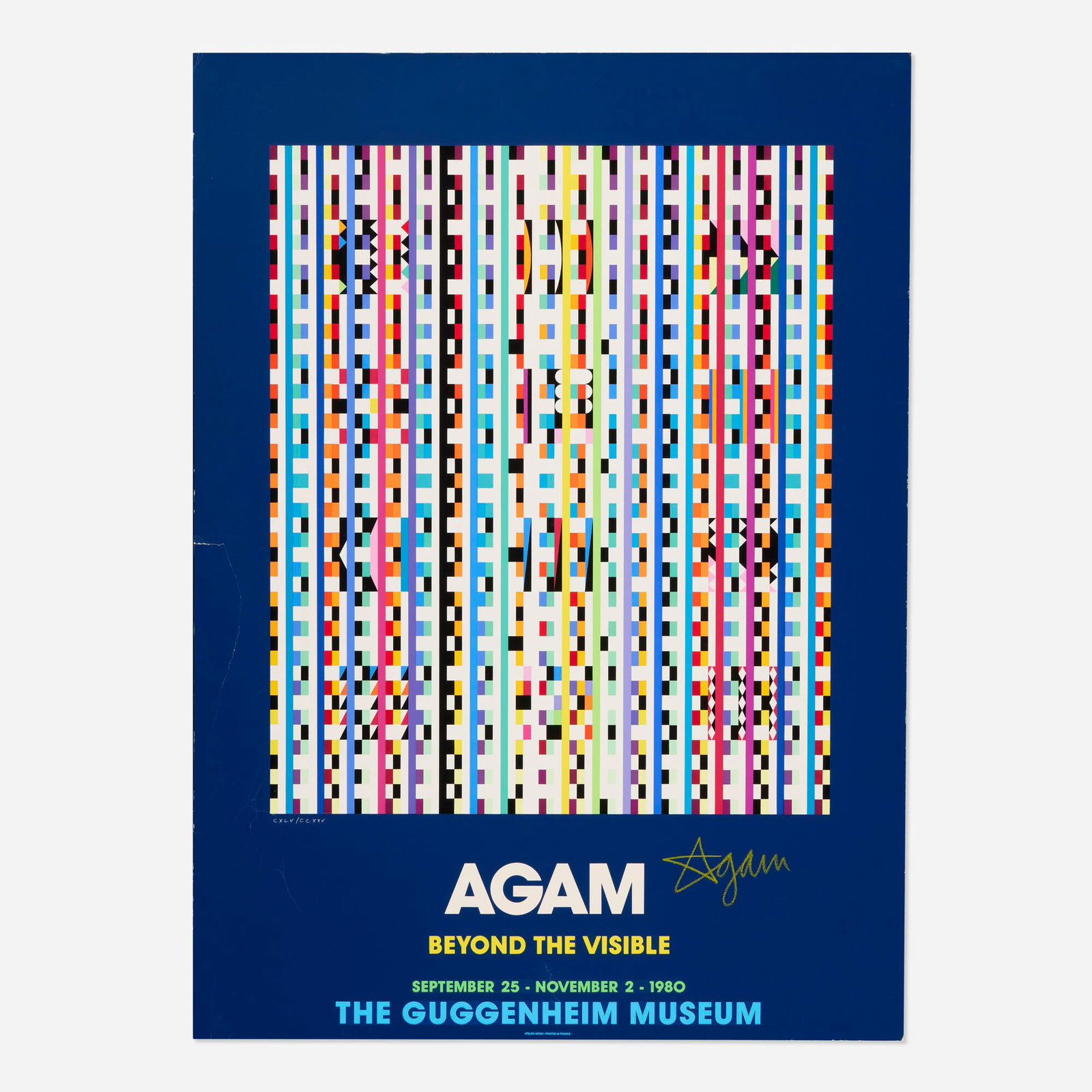Yaacov Agam, Guggenheim Museum exhibition poster: Yaacov Agam Guggenheim Museum exhibition poster 1980 lithograph in colors image: 24 h x 20 w in (61 x 51 cm) sheet: 35.375 h x 25.5 w in (90 x 65 cm) Signed and numbered to lower edge 'CXLV/CCXXV