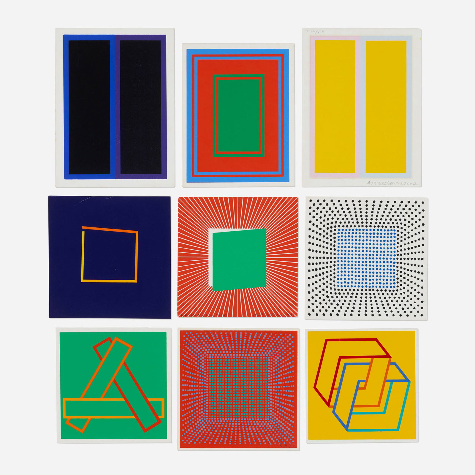 Richard Anuszkiewicz, Nine works from the Annual Edition series: Richard Anuszkiewicz Nine works from the Annual Edition series 1980-2002 screenprint in colors largest: 7.75 h x 5.75 w in (20 x 15 cm) smallest: 6 h x 6 w in (15 x 15 cm) Signed and dated to