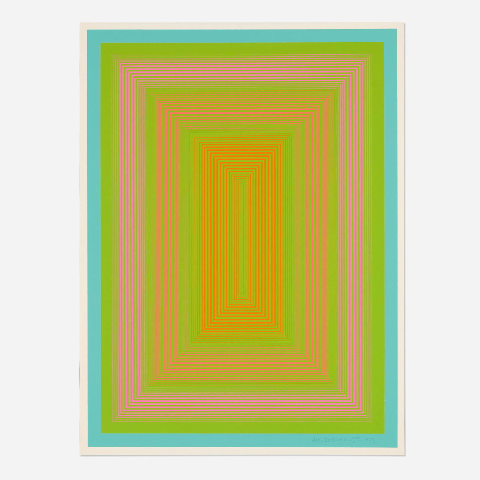 Richard Anuszkiewicz, New Glory (from the An American Portrait 1776-1979 portfolio): Richard Anuszkiewicz New Glory (from the An American Portrait 1776-1979 portfolio) 1975 screenprint in colors on Arches image: 24.875 h x 18.5 w in (63 x 47 cm) sheet: 25.875 h x 19.5 w in (66 x 50