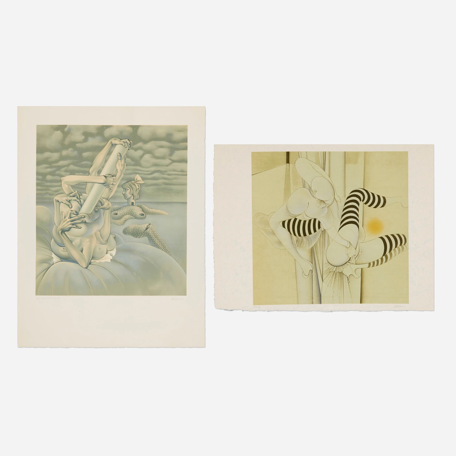 Hans Bellmer, Les bas rayes (from the An American Portrait 1776-1976); Etreintes (two works): Hans Bellmer Les bas rayes (from the An American Portrait 1776-1976); Etreintes (two works) c. 1970/1974 lithograph in colors; lithograph in colors on Japan 28.125 h x 21.75 w in (71 x 55 cm) 19 h