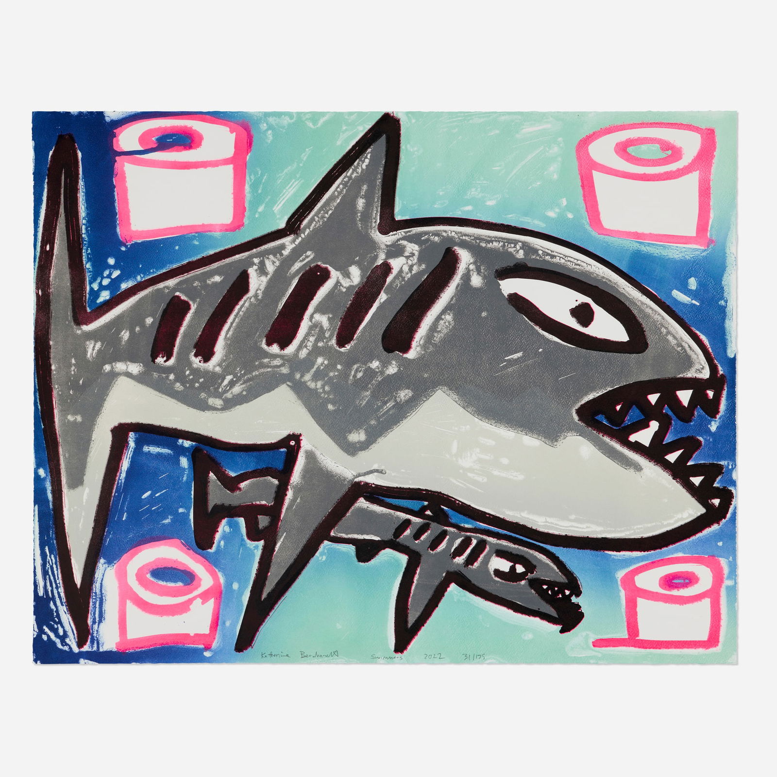 Katherine Bernhardt, Swimmers (from the Greenpeace 50 Years Print Portfolio): Katherine Bernhardt Swimmers (from the Greenpeace 50 Years Print Portfolio) 2022 lithograph in colors on Somerset Velvet 23.5 h x 29.75 w in (60 x 76 cm) Signed, titled, dated and numbered to