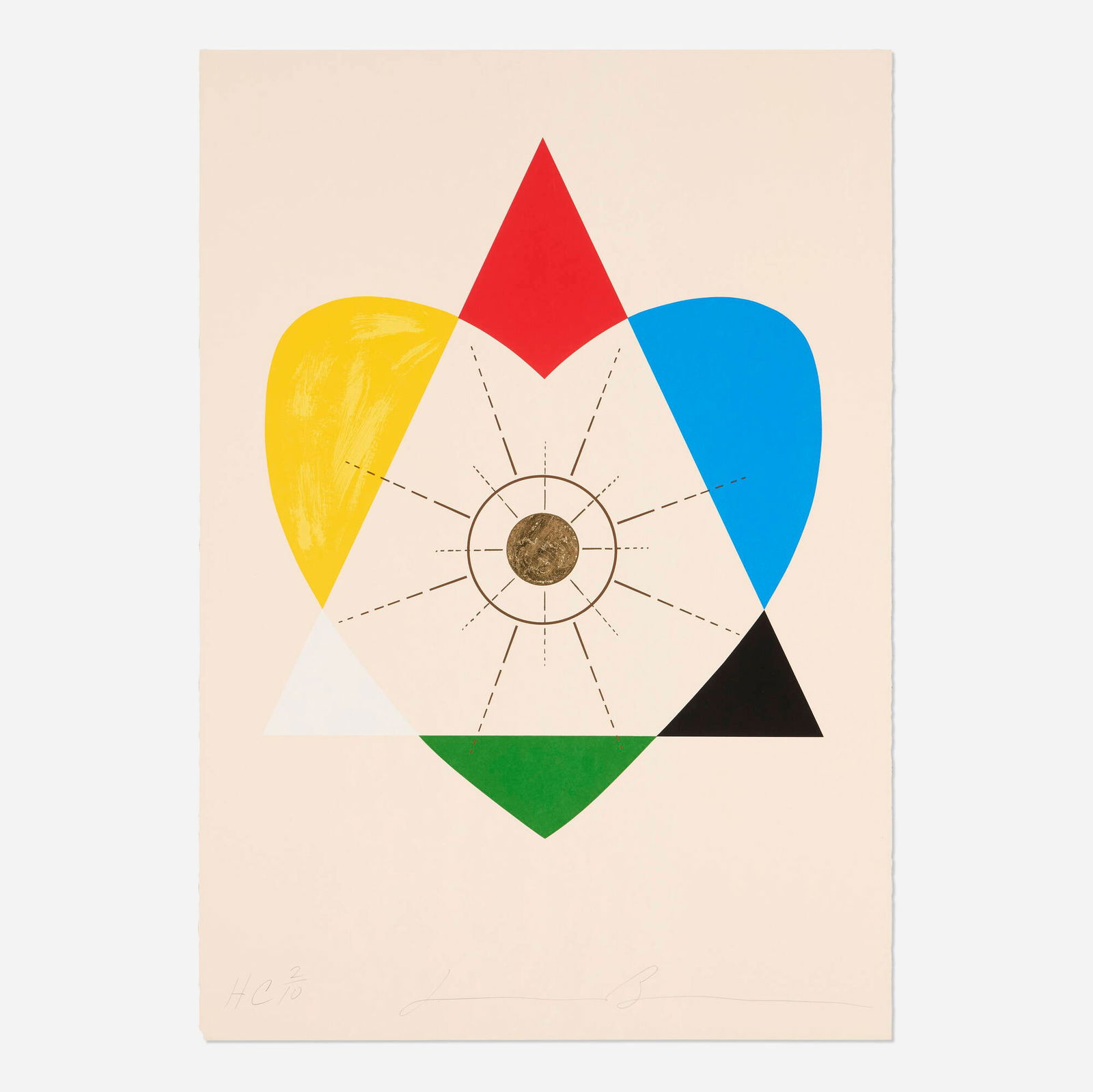 Jonathan Borofsky, The Balance of Love and Work Produces Energy: Jonathan Borofsky The Balance of Love and Work Produces Energy 1994 screenprint in colors with gold leaf on Fabriano 39.25 h x 27.5 w in (100 x 70 cm) Signed and numbered to lower edge 'HC 2/10