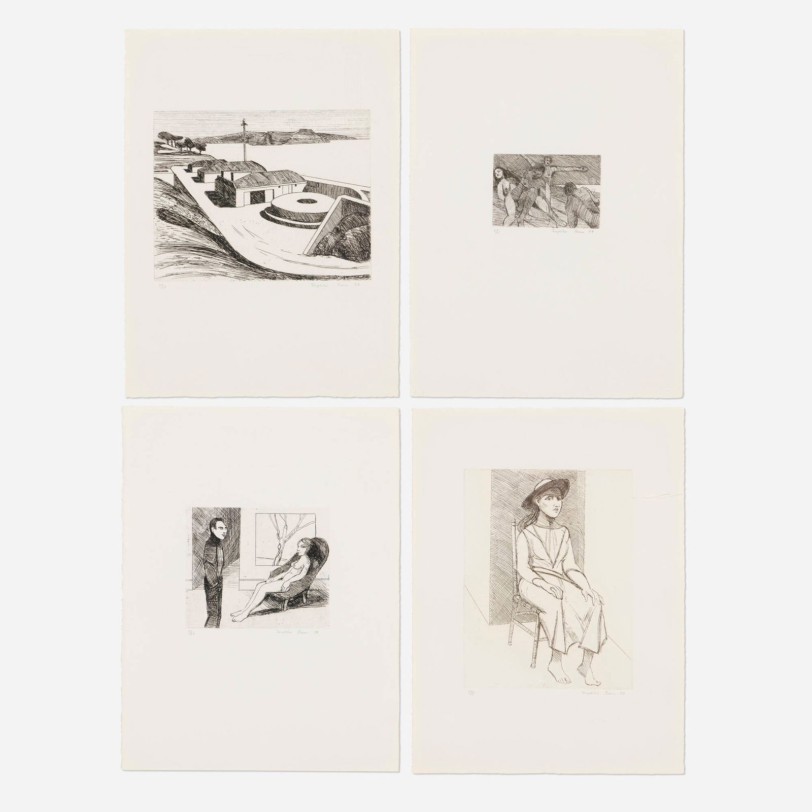 William Theophilus Brown, Beach Scene; Interior; Girl in Hat; Baker's Beach (four works from the: William Theophilus Brown Beach Scene; Interior; Girl in Hat; Baker's Beach (four works from the Twenty Etchings portfolio) 1984 etching image (largest): 2.875 h x 4.25 w in (7 x 11 cm) image