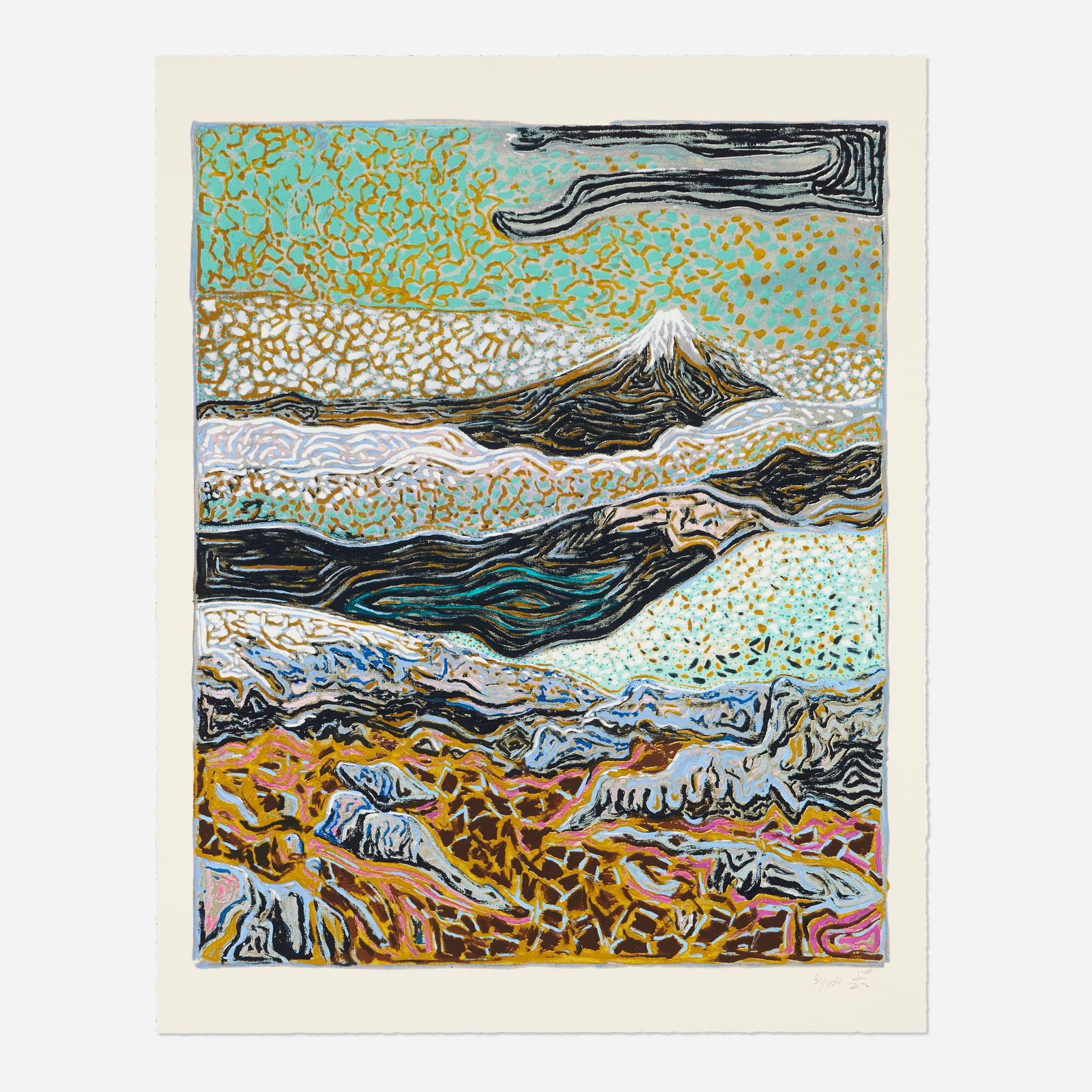 Billy Childish, Volcano (from the Greenpeace 50 Years portfolio): Billy Childish Volcano (from the Greenpeace 50 Years portfolio) 2022 screenprint and lithograph in colors on Somerset image: 26 h x 21.25 w in (66 x 54 cm) sheet: 29.875 h x 23.5 w in (76 x 60 cm) 