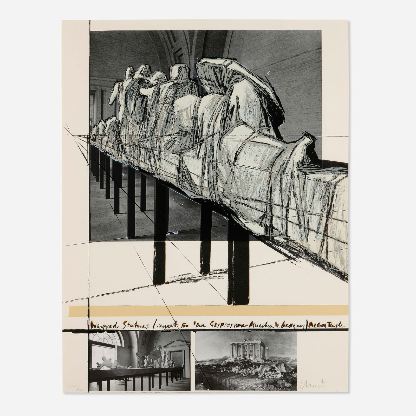Christo, Wrapped Statues (Project for Der Glyptotek in Munich Aegean Temple): Christo Wrapped Statues (Project for Der Glyptotek in Munich Aegean Temple) 1988 screenprint in colors with offset lithograph collage on Arches Cover 34.75 h x 26.625 w in (88 x 68 cm) Signed and
