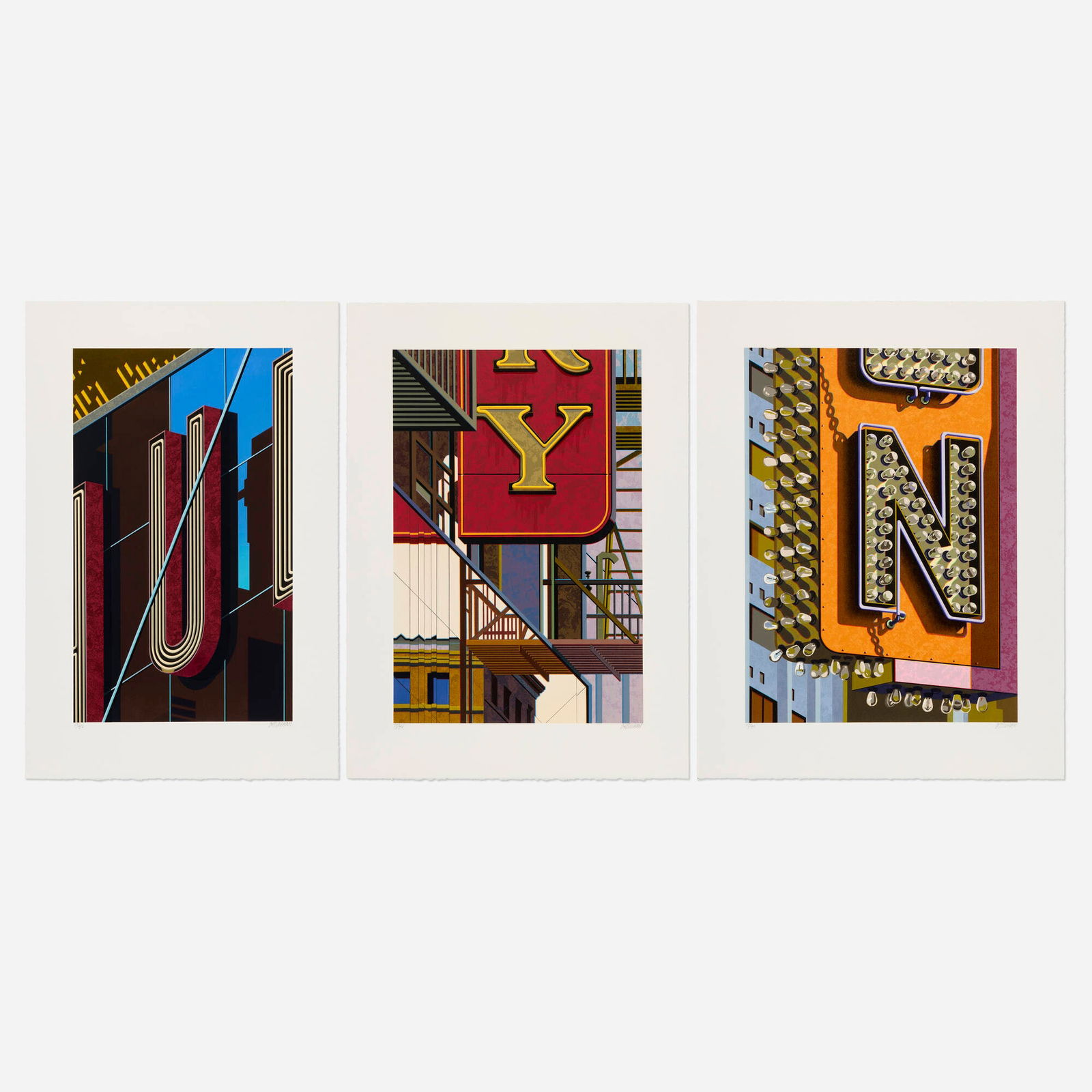 Robert Cottingham, Three works from the An American Alphabet portfolio: Robert Cottingham Three works from the An American Alphabet portfolio 2001 lithograph in colors on BFK Rives image (each): 23.875 h x 14 w in (61 x 36 cm) sheet (each): 30.5 h x 20.125 w in (77 x