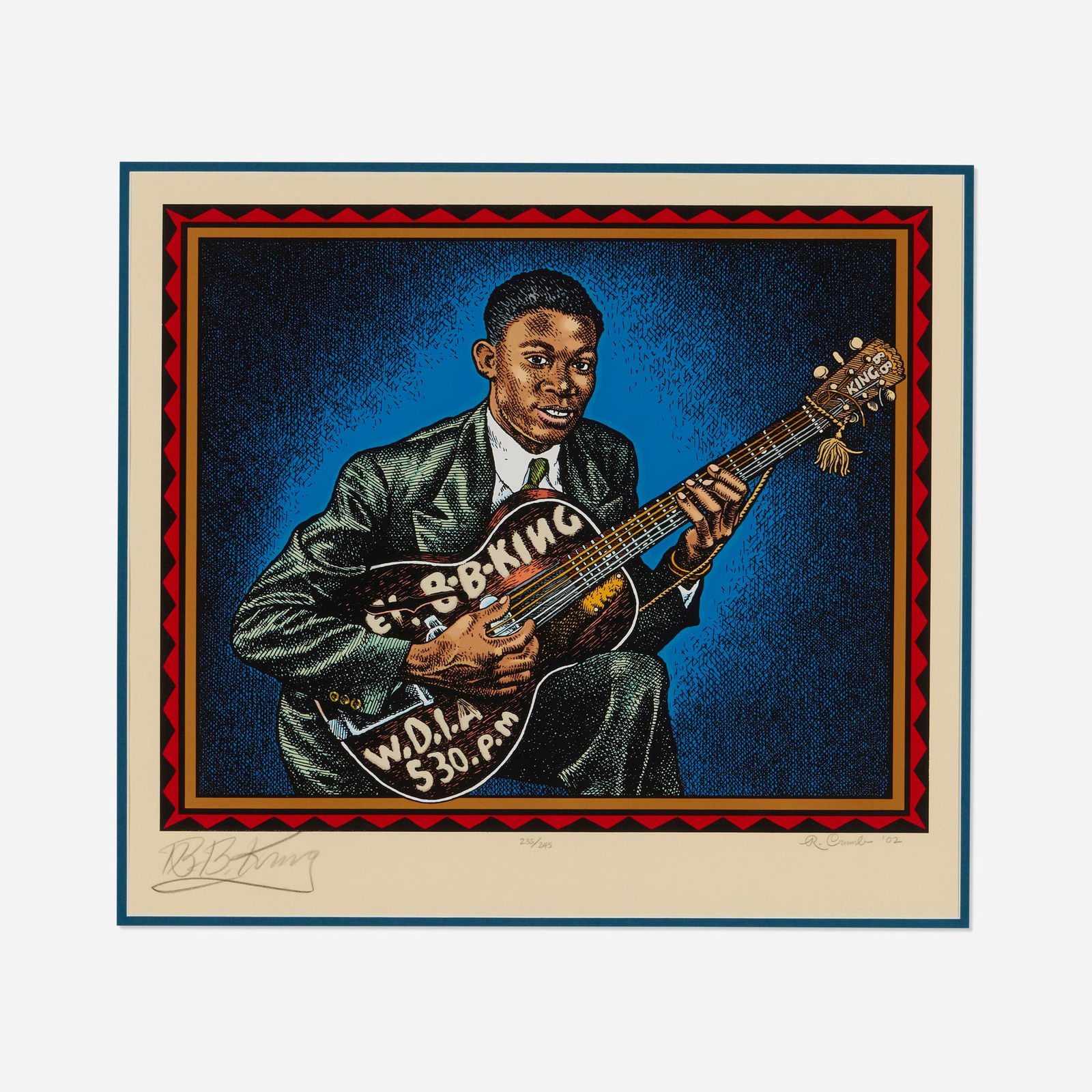 Robert Crumb, B.B. King: Robert Crumb B.B. King 2002 screenprint in colors on BFK Rives image: 14 h x 17 w in (36 x 43 cm) sight: 16.5 h x 18.375 w in (42 x 47 cm) Signed, titled, dated and numbered to lower edge 'B.B.