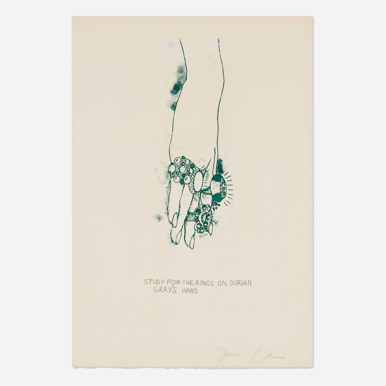 Jim Dine, Study for the Rings on Dorian Gray's Hand (from The Picture of Dorian Gray portfolio): Jim Dine Study for the Rings on Dorian Gray's Hand (from The Picture of Dorian Gray portfolio) 1968 etching on Velin d'Arches image: 15.25 h x 9.5 w in (39 x 24 cm) sheet: 17.625 h x 12.25 w in (45